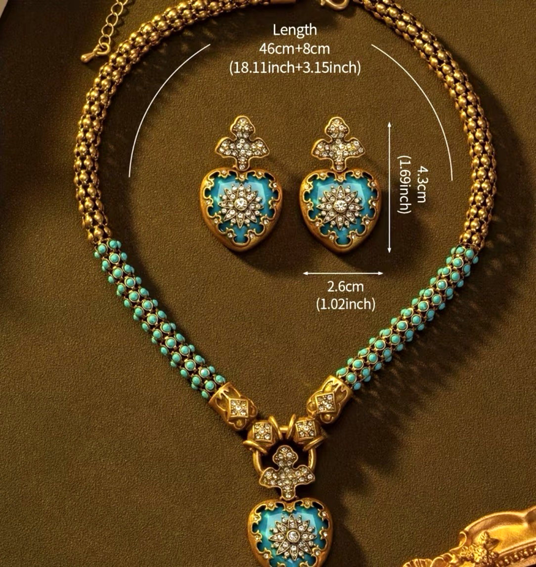 Gold Tone Turquoise Heart Rhinestone Jewelry Set Necklace & Earrings Love