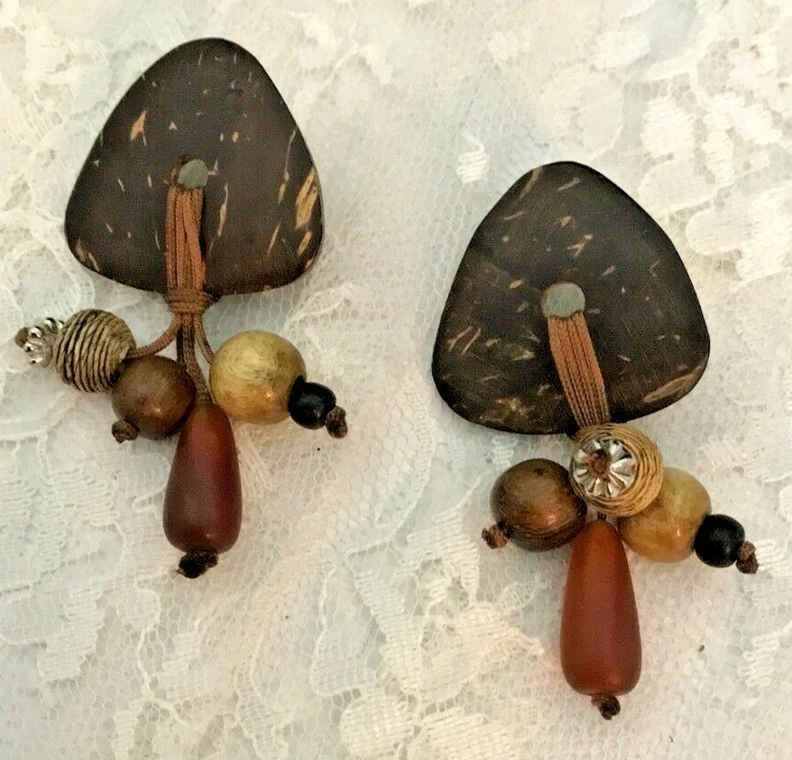 Earthy Earrings Post Type 2.5” long Wood Cording Metal Browns