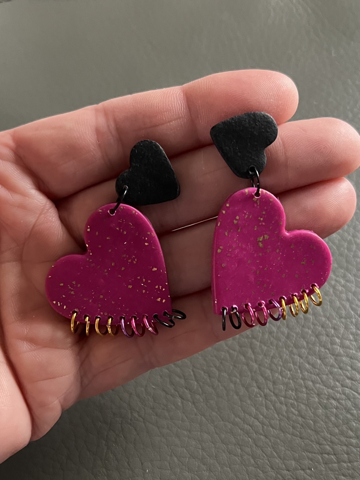 Magenta & Black Heart Earrings – Rock Style Handmade Polymer Clay Earrings
