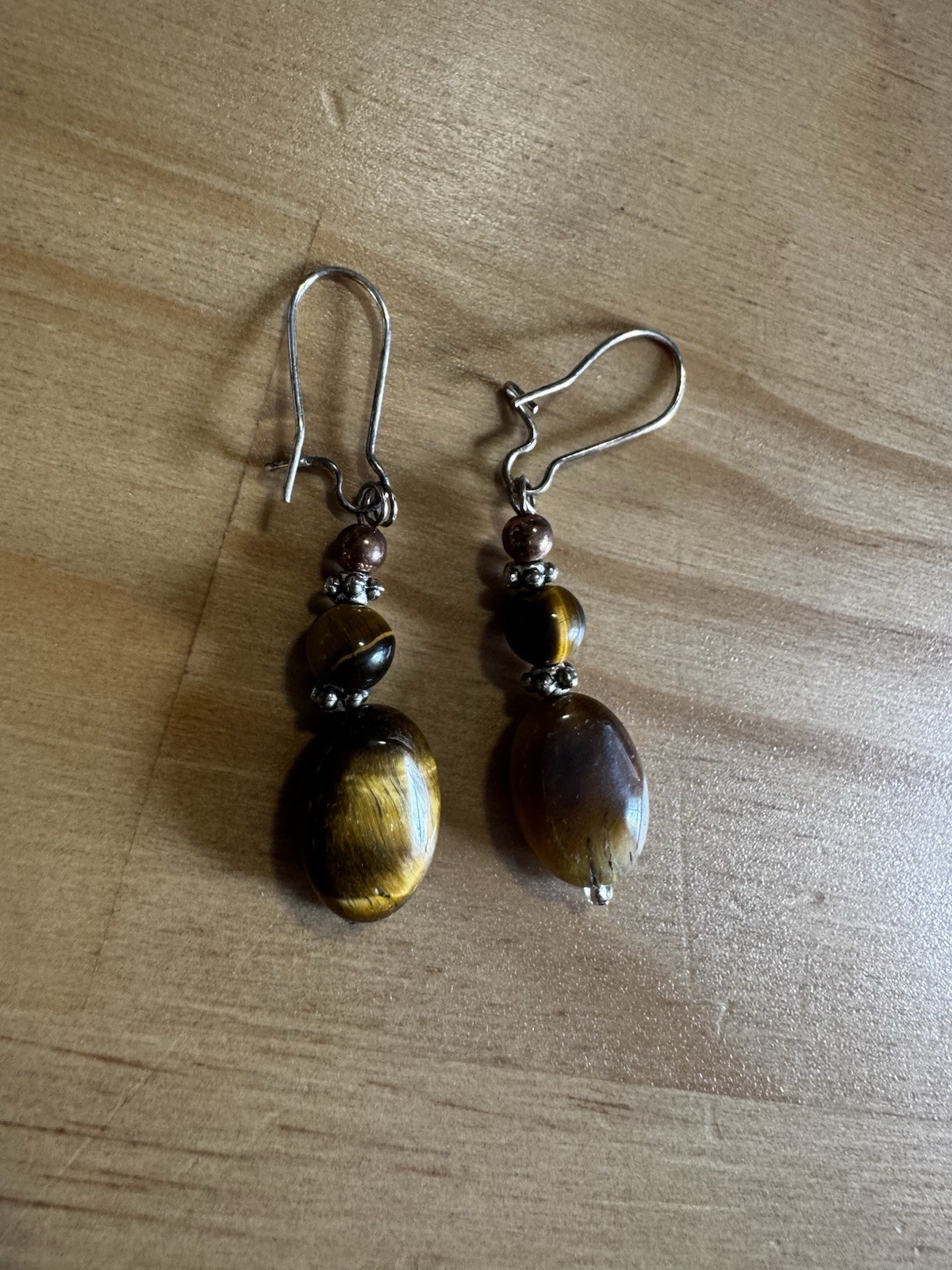 Handmade Tiger’s Eye & Hematite Leverback Dangle Drop Earrings Silver Brown/Gold