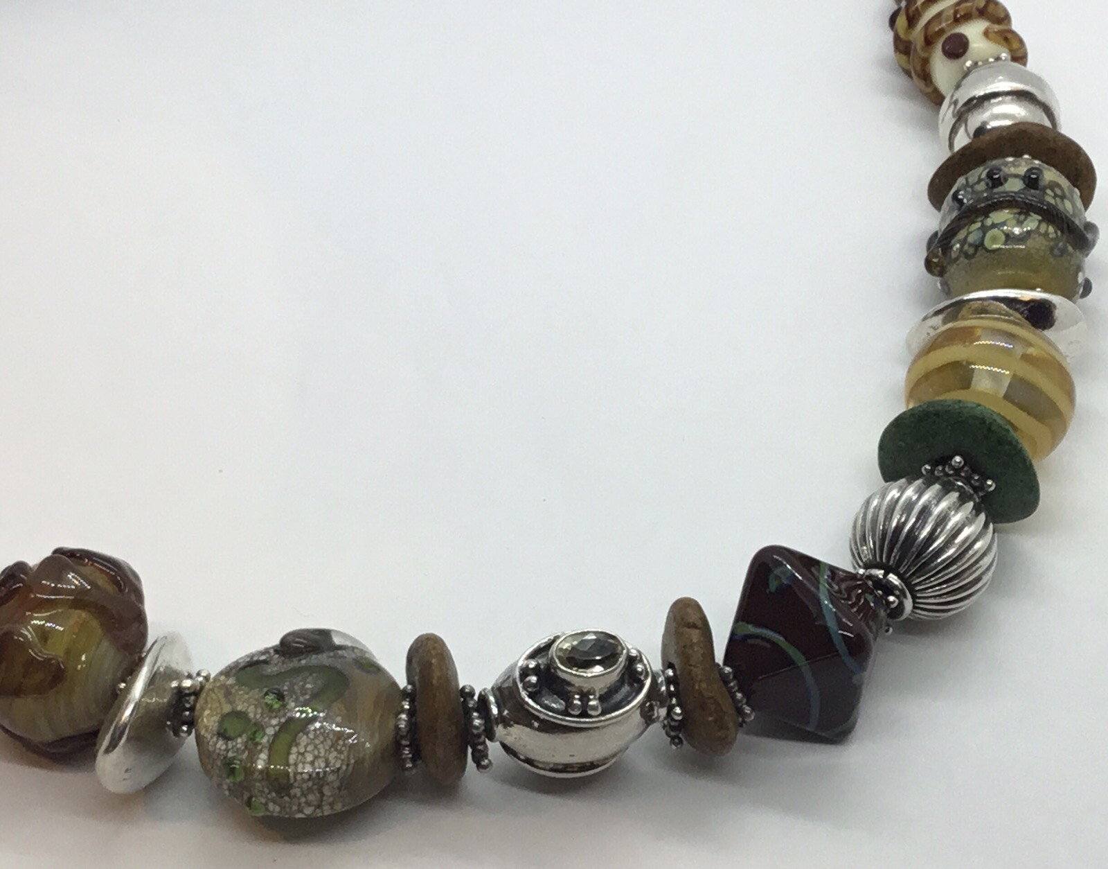 Artisan Necklace, Sterling Clasp, Different Sized Silver & Lampworked Beads, 18”