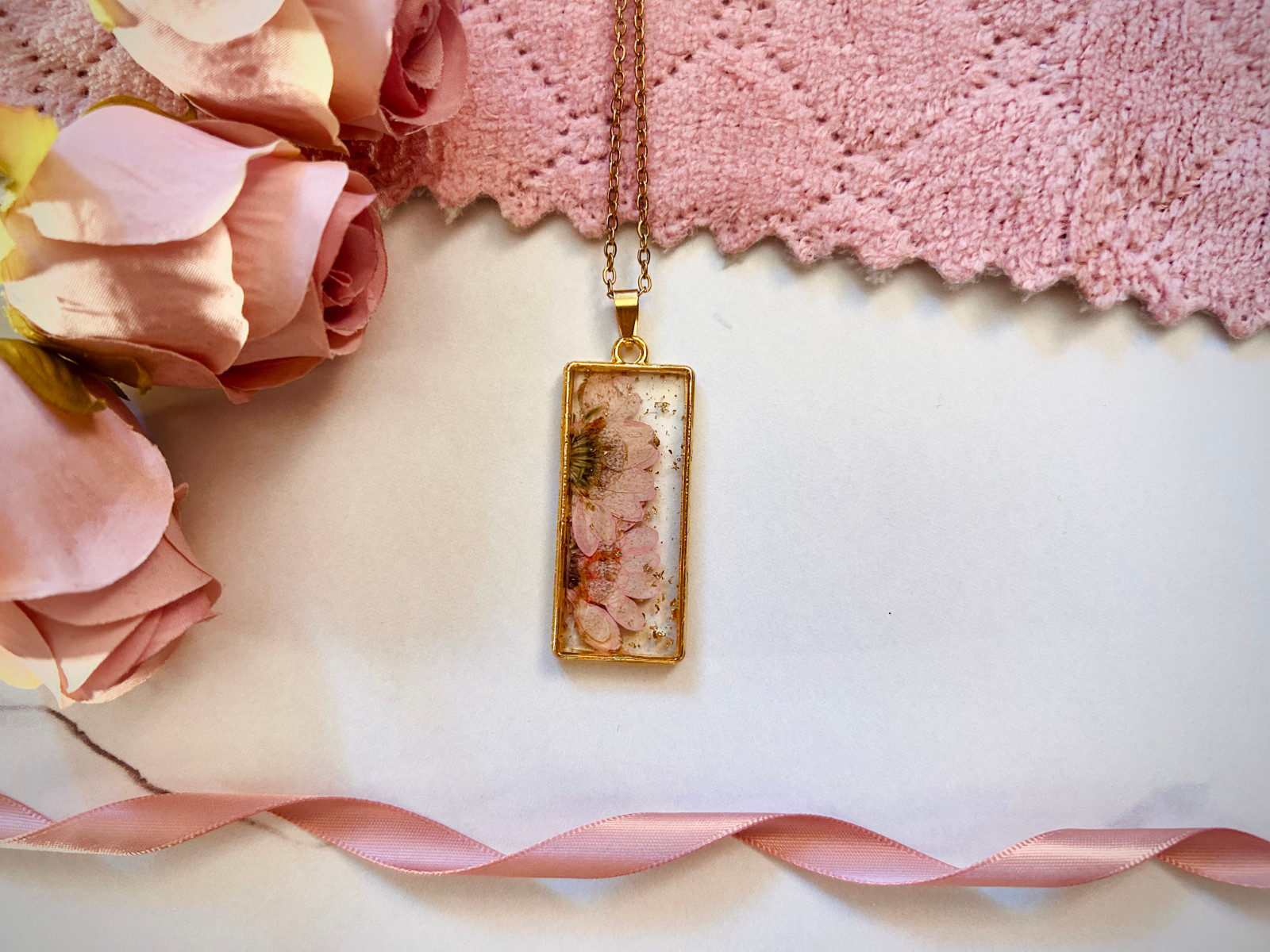 Real Pink Flower Necklace, Rectangle Resin Pendant, Preserved Botanicals Jewelry