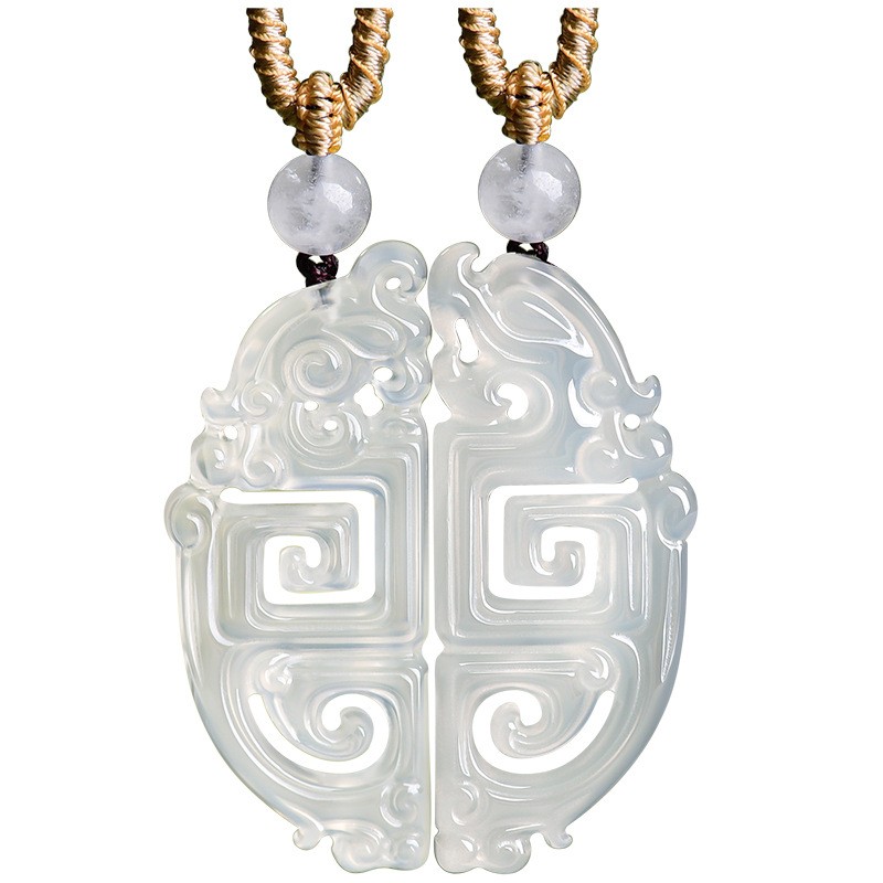 Certified 1 Pair Real Grade A Natural White chalcedony Men Women Dragon Pendant