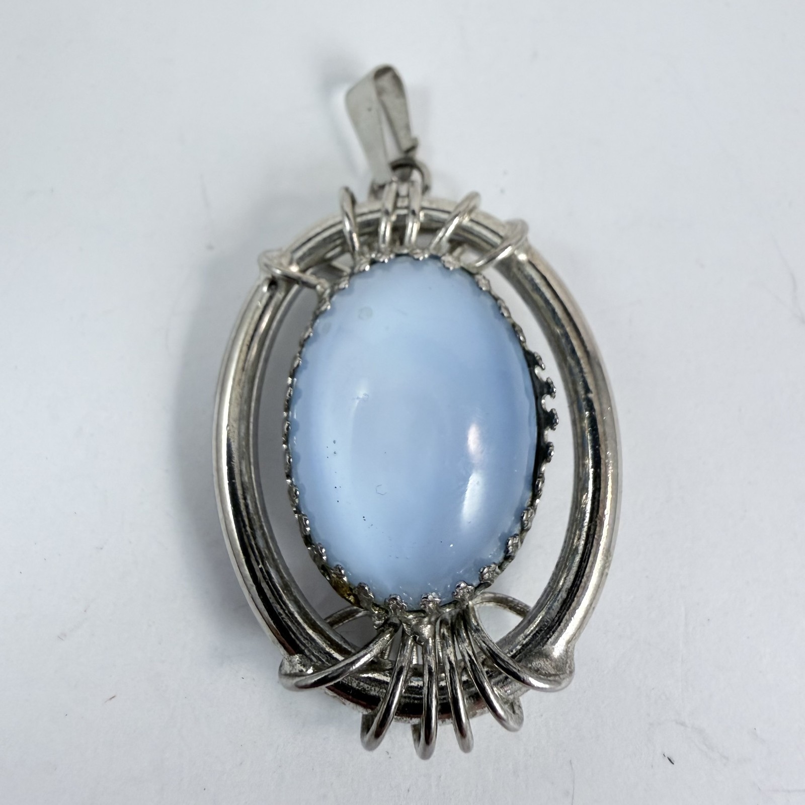 Vintage Style Blue Cabochon Stone Silver Tone Wire Wrapped Oval Pendant