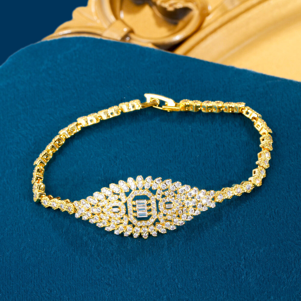 Dubai Gold Plated CZ Leaf Drop Party Necklace Earrings Bracelet Ring Jewelry Set