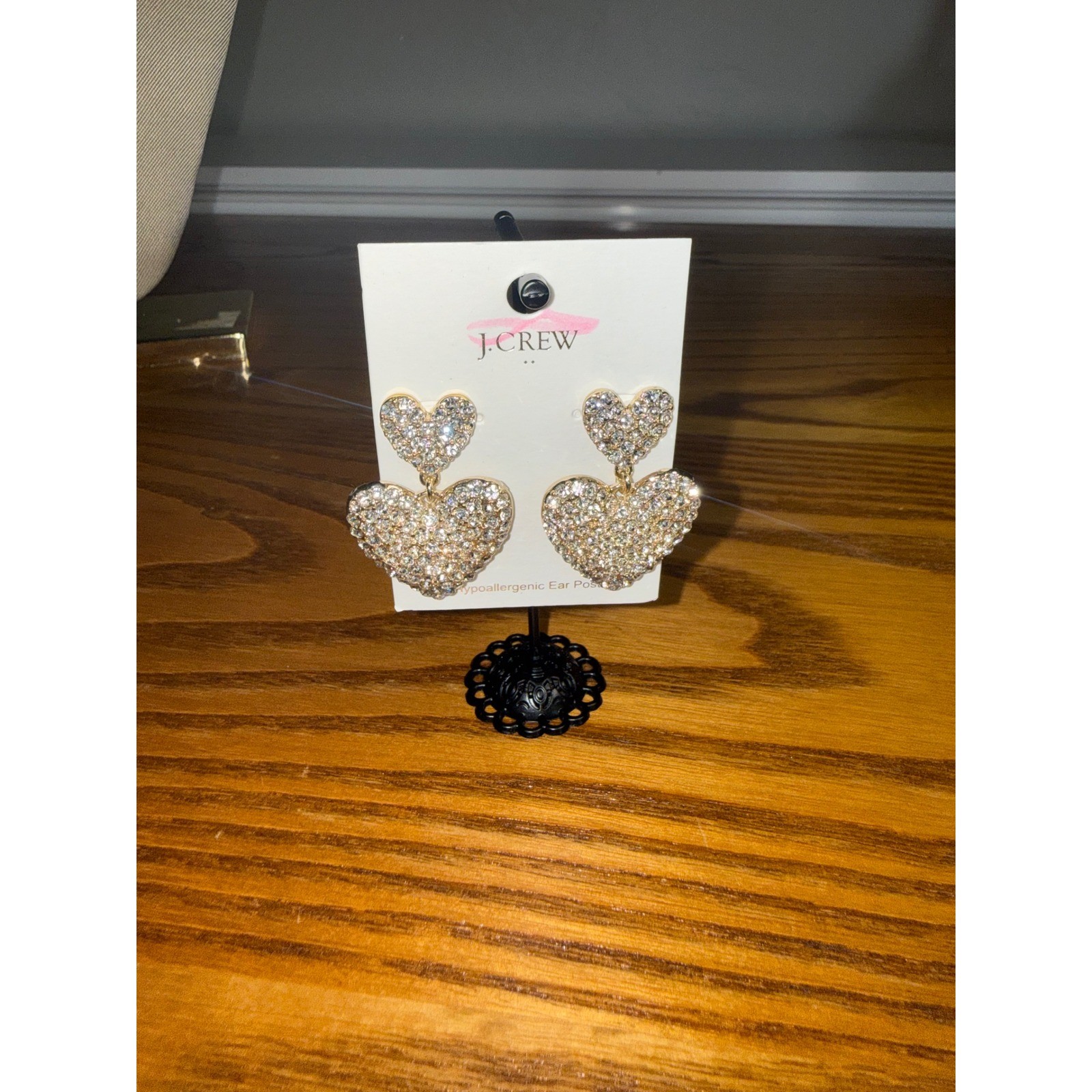 J.Crew Crystal Pave Double Heart Drop Earrings Gold Tone CE762 New