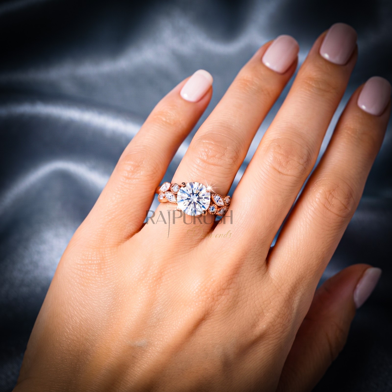 Floral Marquise Moissanite Engagement Ring Gold Plated 925 Silver Bridal Band