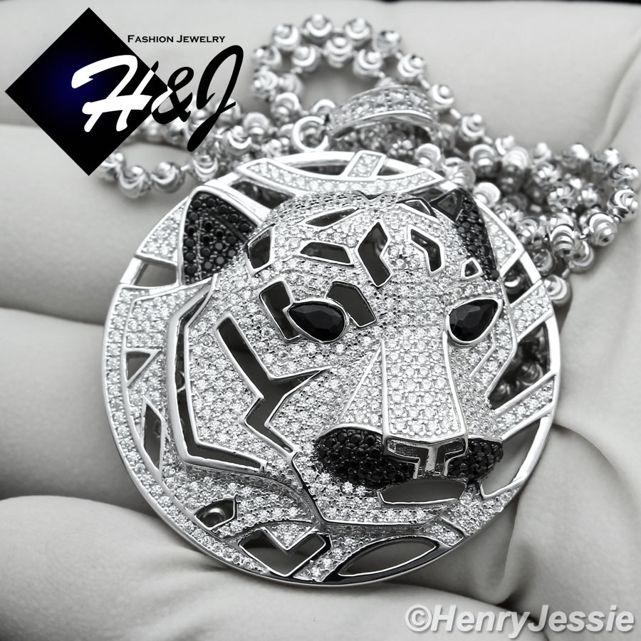 20″24″30″MEN 925 STERLING SILVER 3MM BEAD CHAIN CUBIC ZIRCONIA TIGER PENDANT*S46