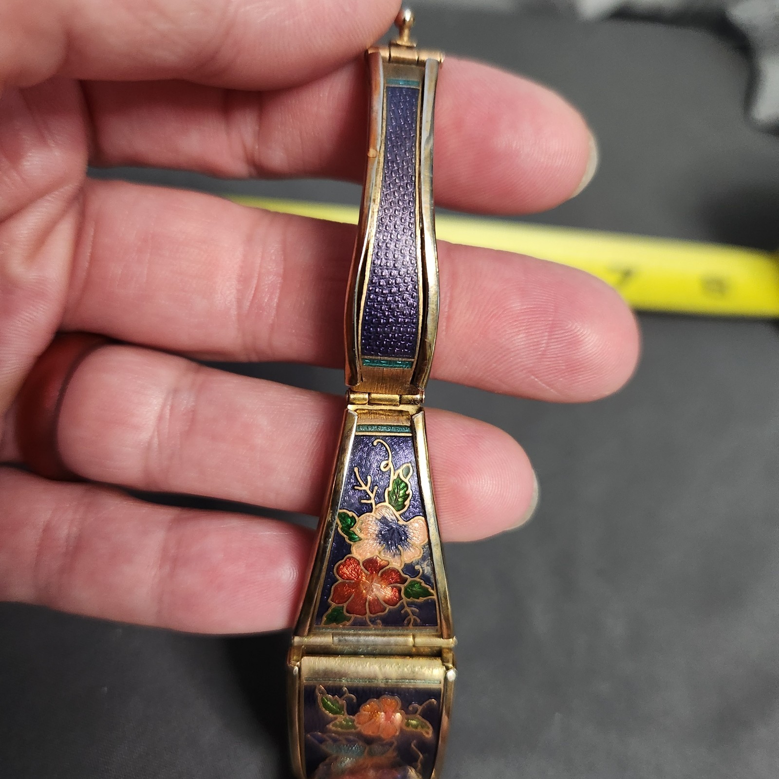 Vintage Chinese Cloisonne Enamel Panel Link Bracelet Butterfly Floral Purple