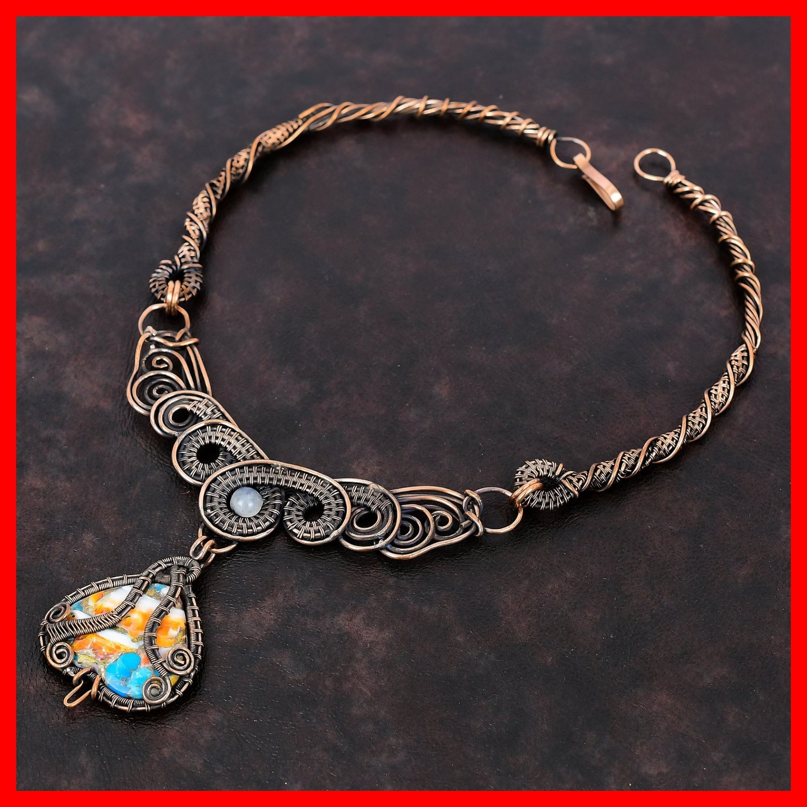 Spiny Oyster Copper Turquoise Stone Rainbow Moonstone Hook Chain Necklace Copper