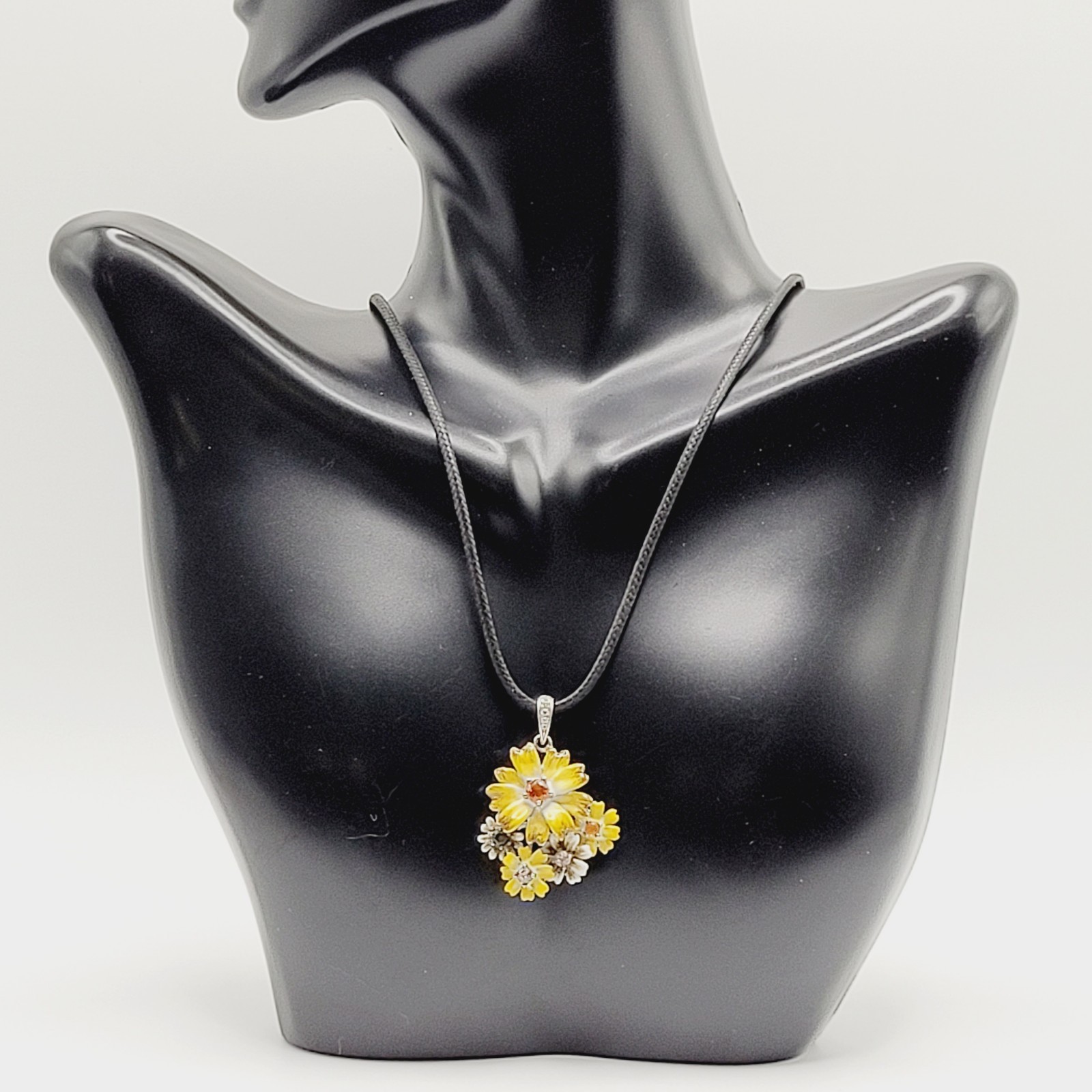 Yellow Flower Floral Bouquet Cluster 925 Pendant Black Cord Necklace 19 Inch