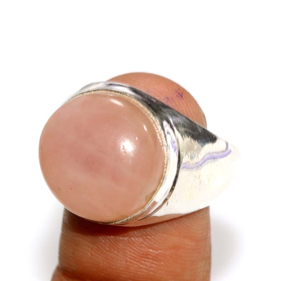Fine Finish Round Rose Quartz Man’S 925 Silver Plated Ring US 8 Trendy JW