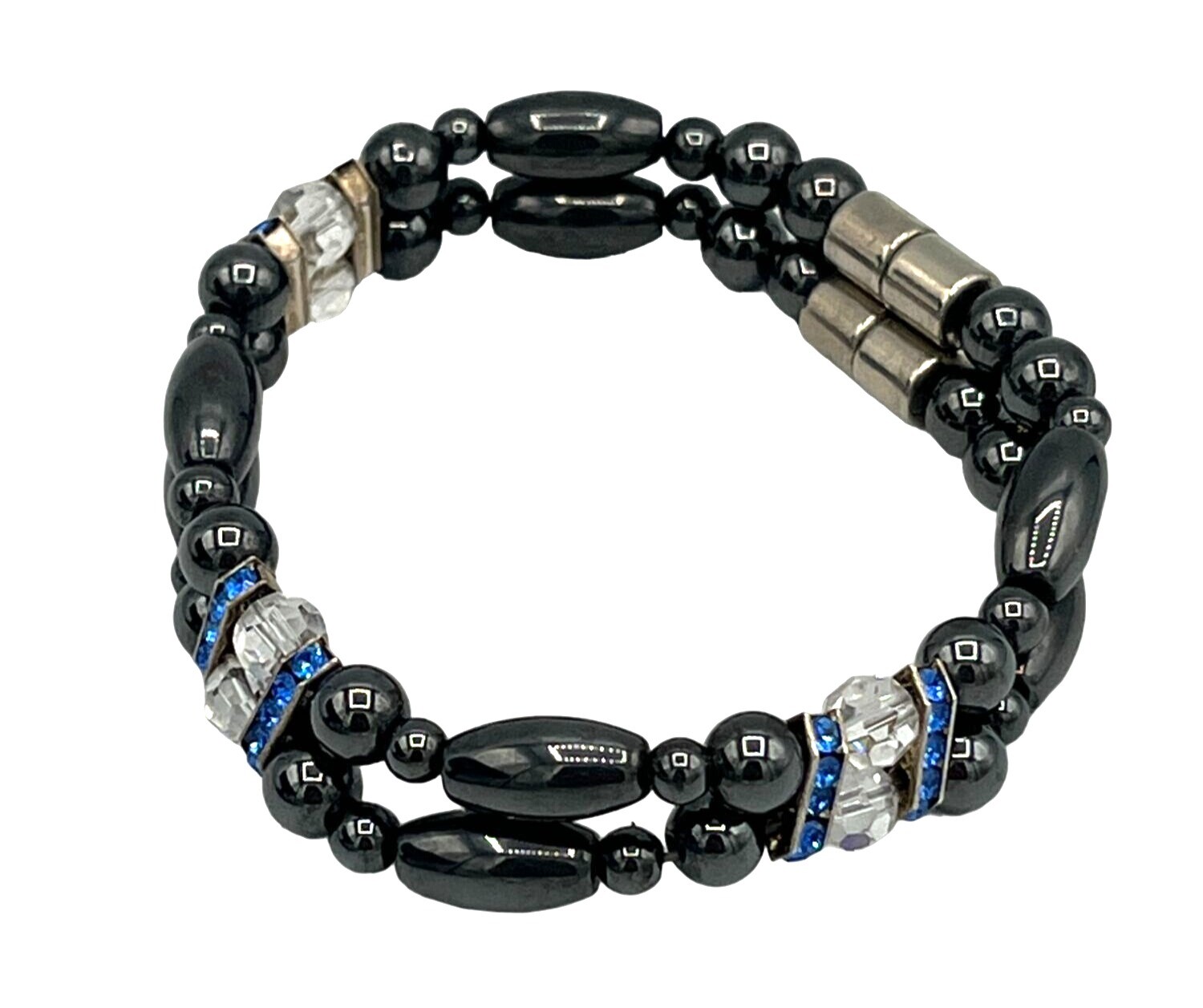 Hematite Crystal Beaded Stretch Bracelet Blue Accent Stones Magnetic Clasp 6 In