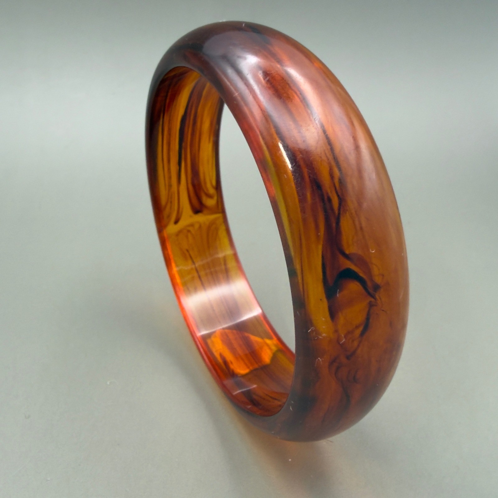 Faux Tortoise Shell Bangle Bracelet Amber Brown Resin Acrylic Domed Slip On