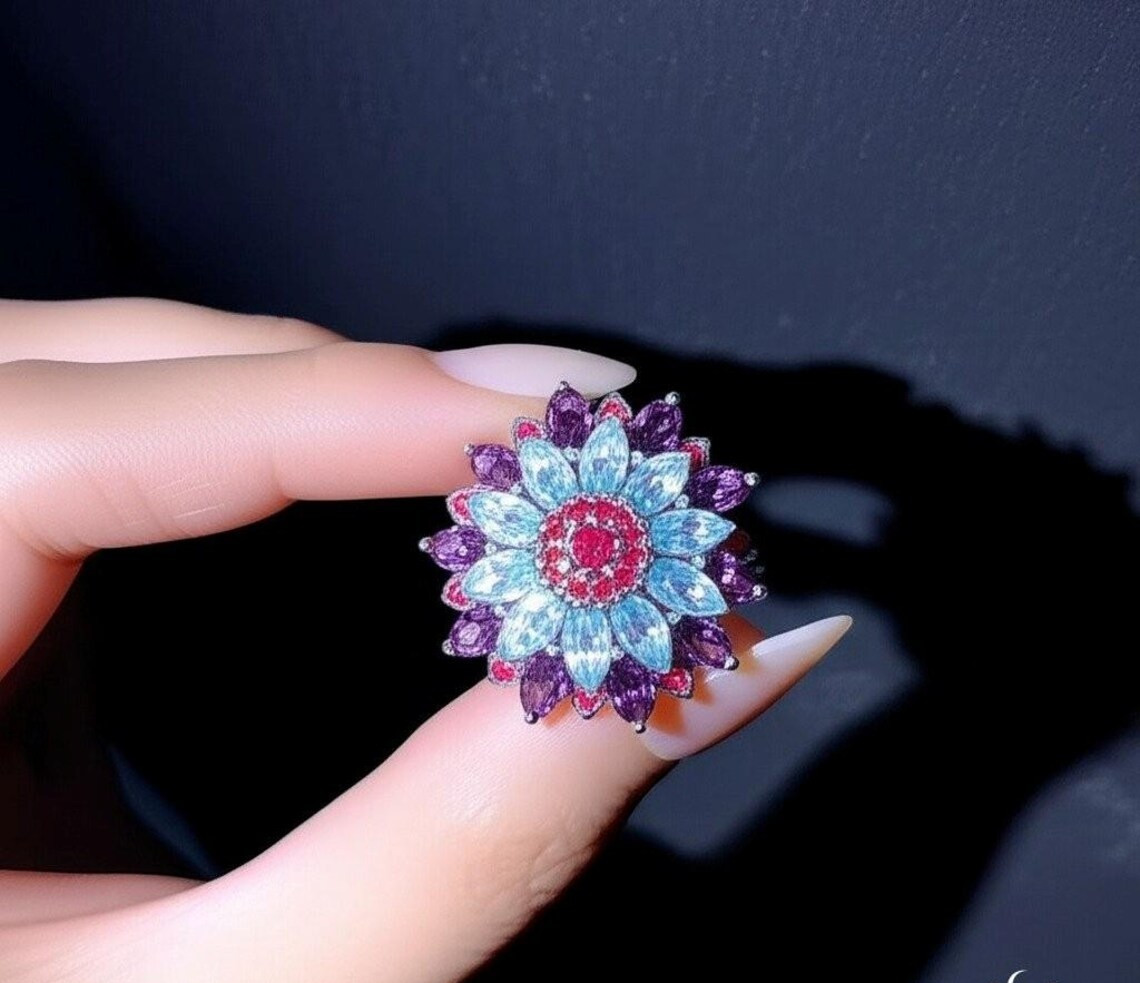 925 Sterling Silver Ruby &Amethyst Aquamarine Gemstone Ring Gift For Anniversary