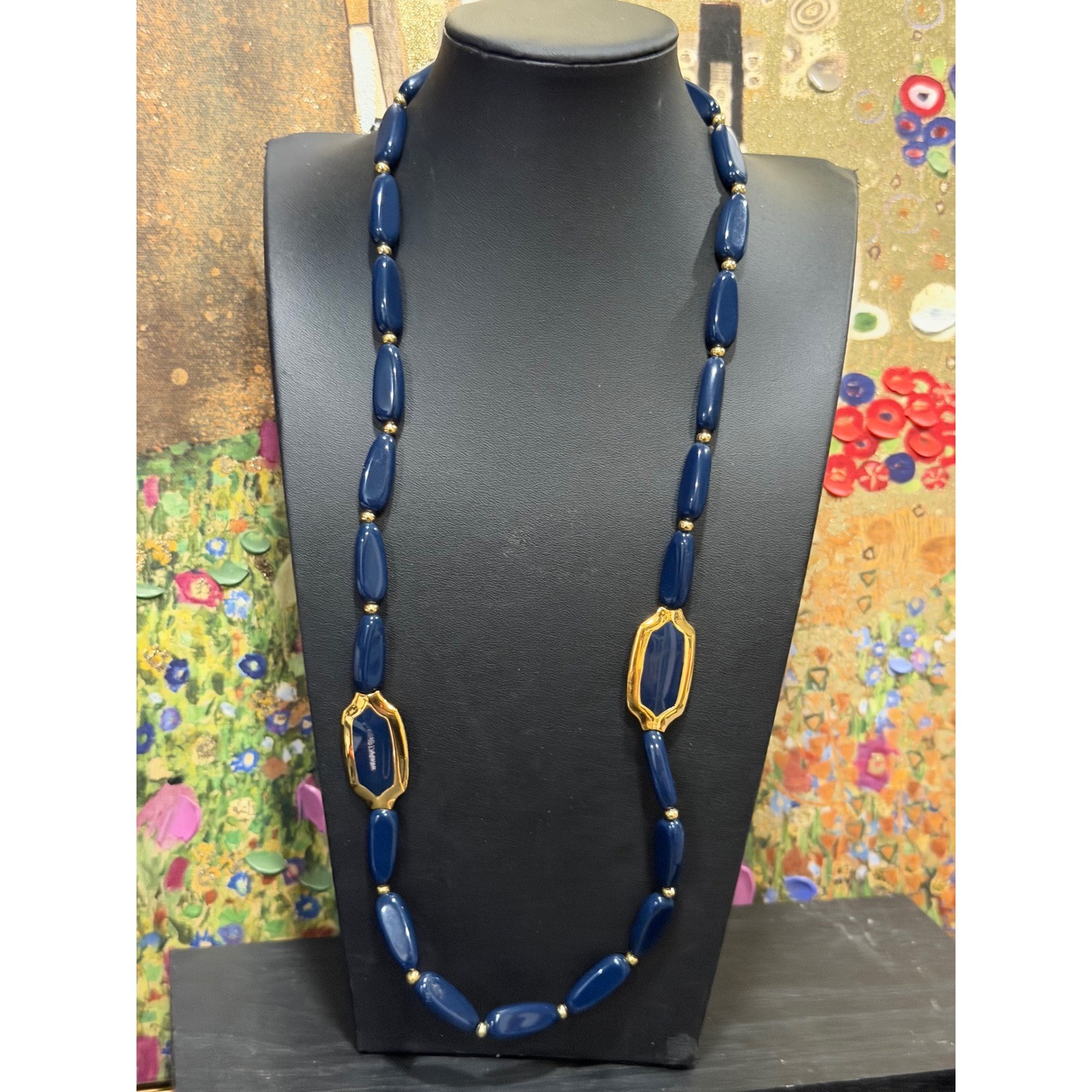 Napier Beaded Necklace Womens 28in Navy Blue Gold Vintage Long Station