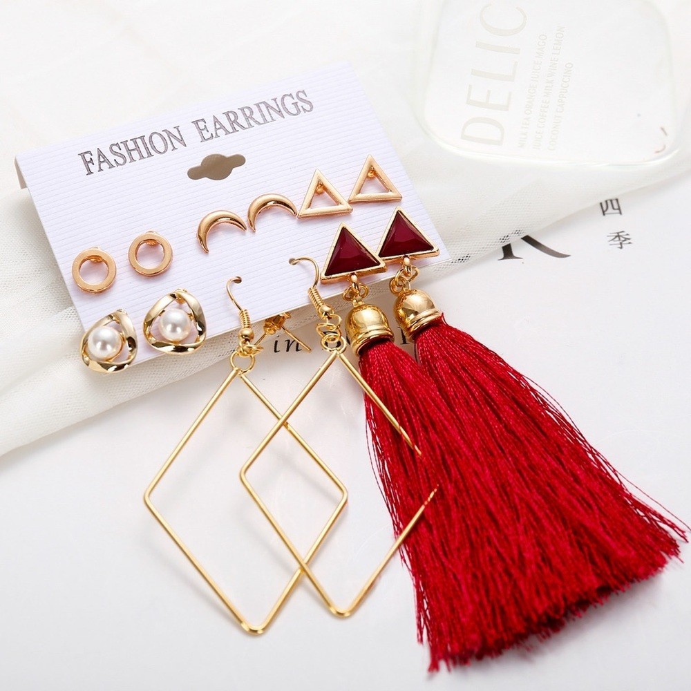 Set of 6 Earrings Tassels Geometric Shapes