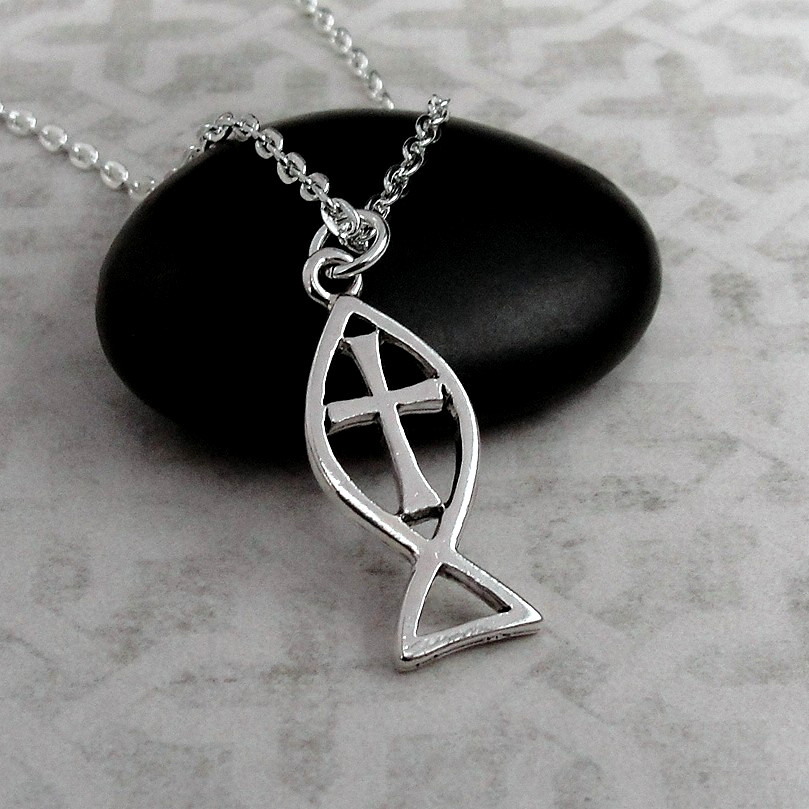 Silver Christian Fish Necklace – Religious Cross Fish Pendant – Ichthus Charm