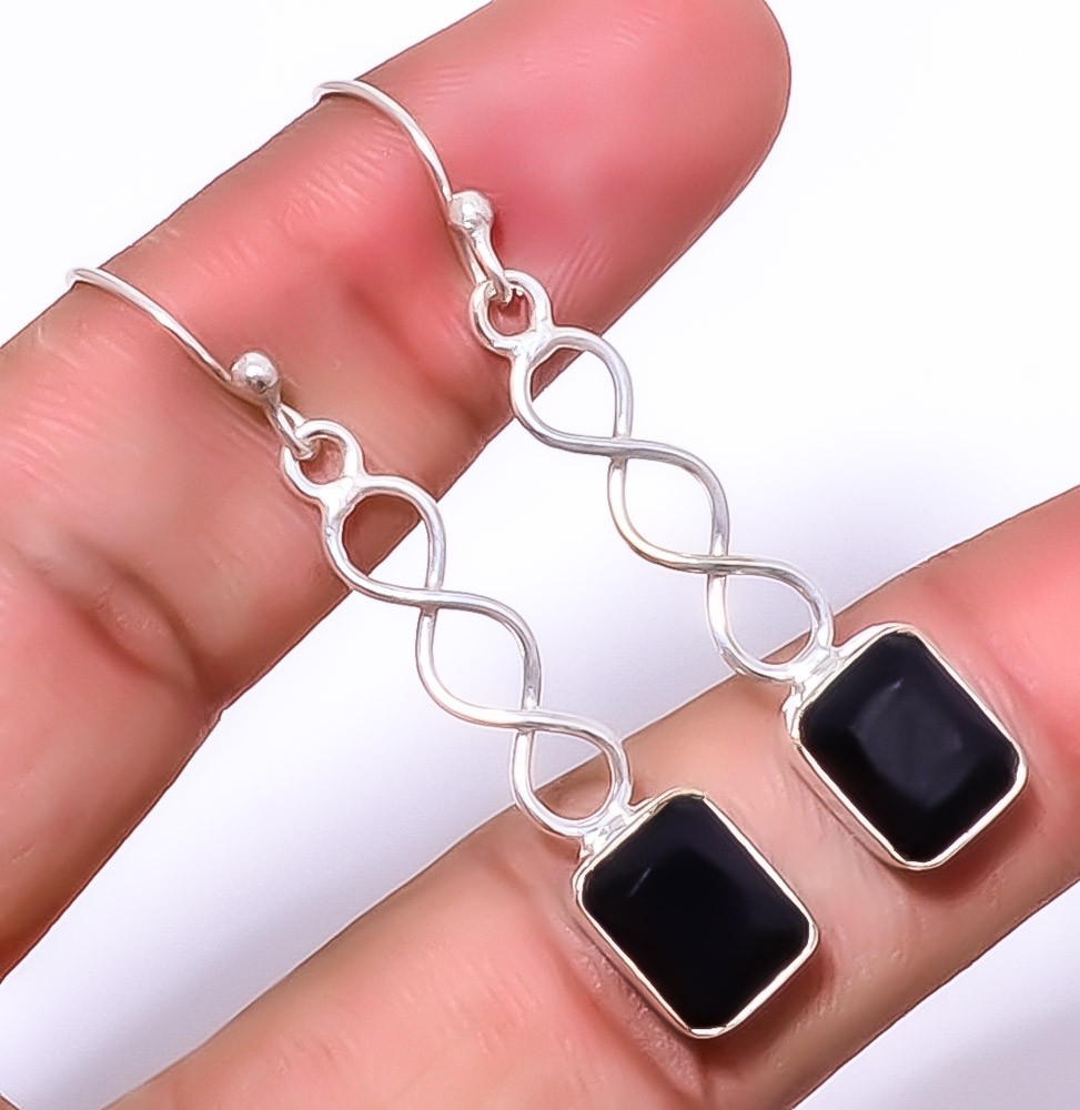 Black Onyx Gemstone 925 Silver Plated Spiral Earring 1.79″ T12