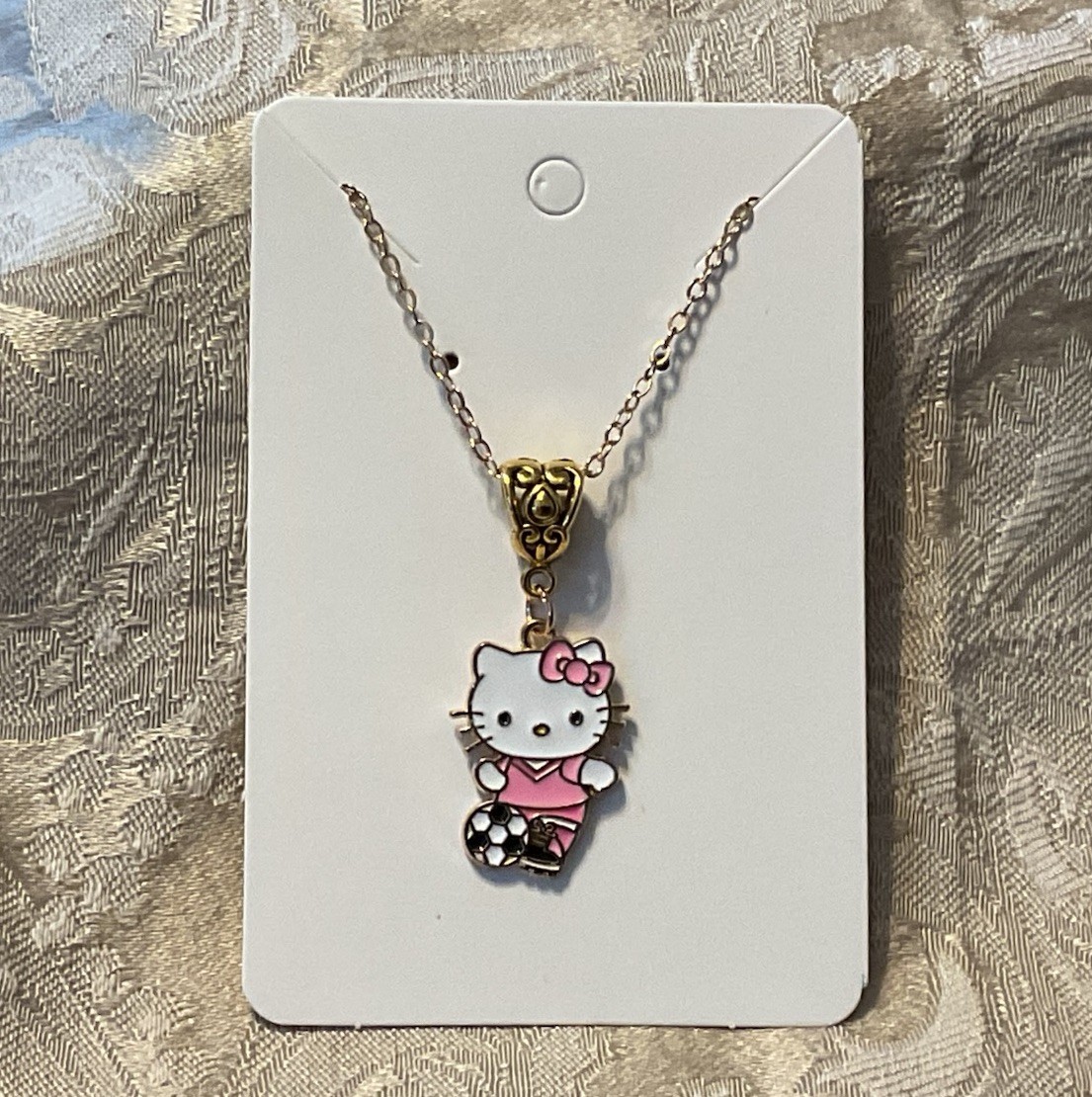 Hello Kitty Soccer Whimsical Charm Cartoon Adorable Fashion Gold Necklace 18”