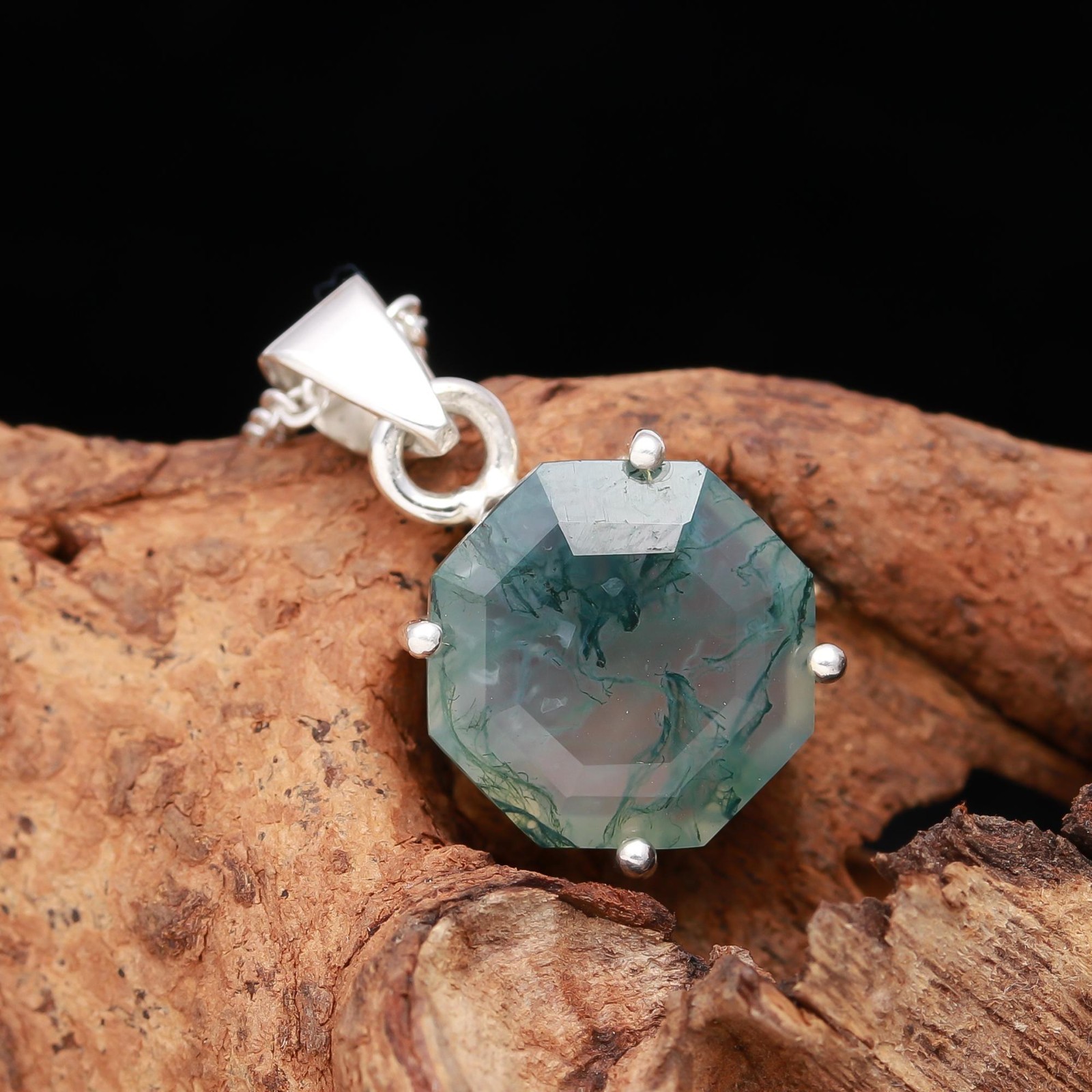 Natural Moss Agate Octagon Chain Necklace 925 Sterling Silver Minimalist Jewelry