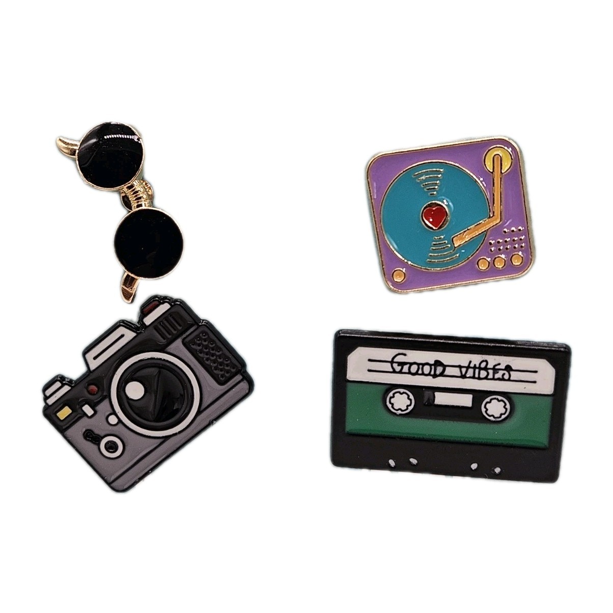 4pc Retro Enamel Pins Record Player Tape Cassette Camera Sun Glasses M2