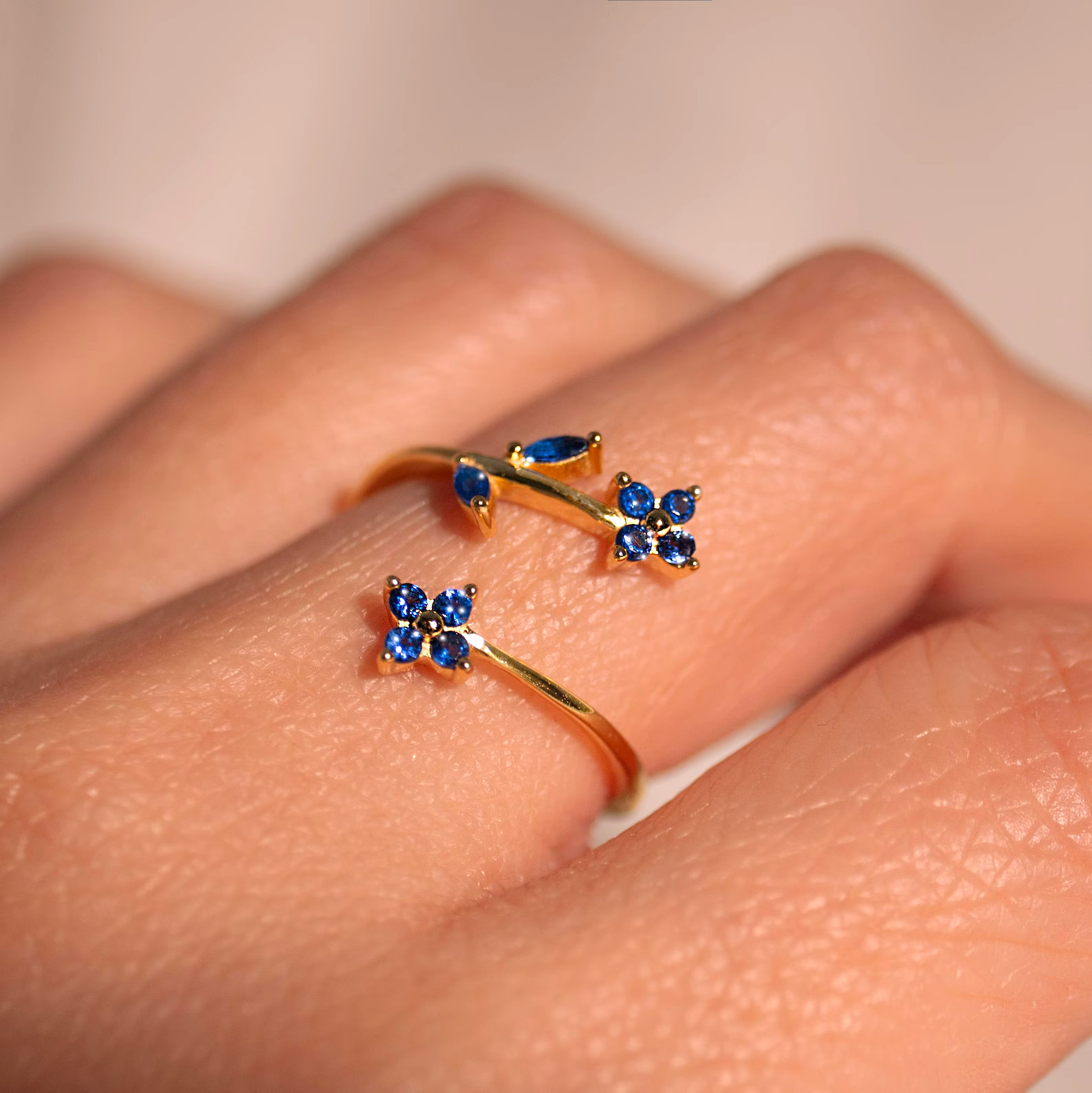 leaf shape ring blue Sapphire ring Floral jewelry gold plated 925 silver ring