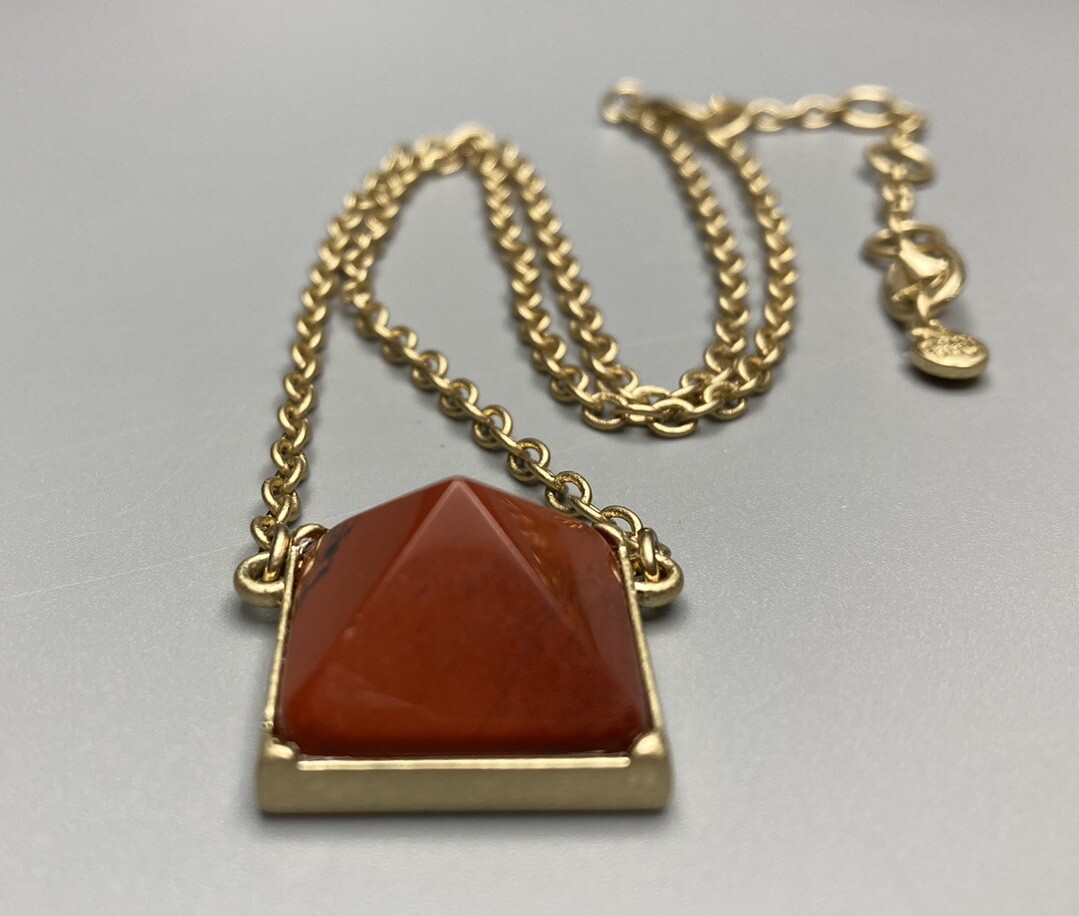 CAbi Red Jasper Stone Pyramid Pendant Gold Tone Necklace 19-22 In Adjustable