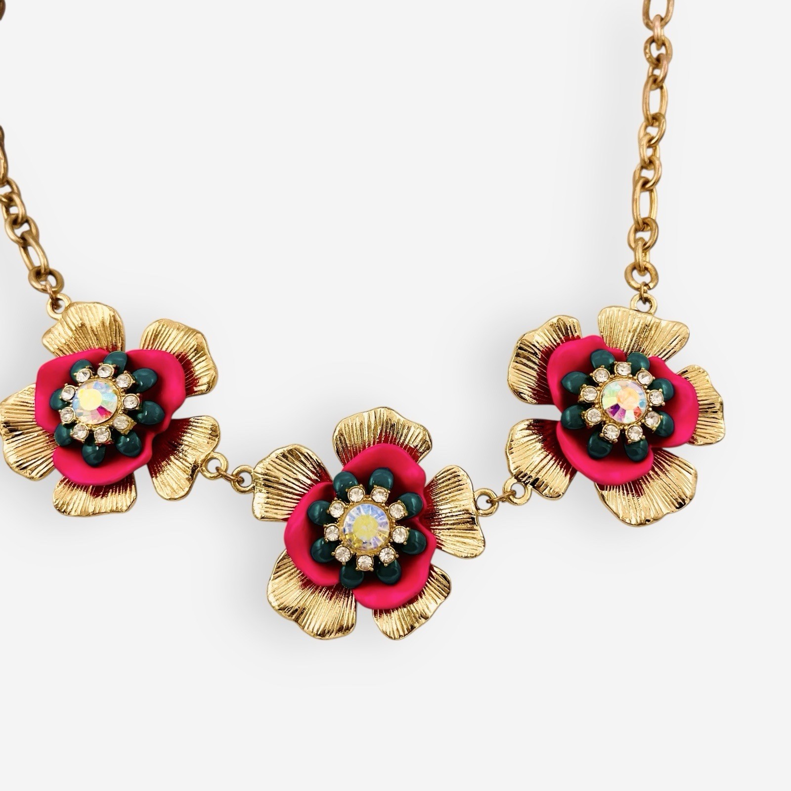 Floral Flower Statement Necklace Pink Green Gold Aurora Borealis Crystals
