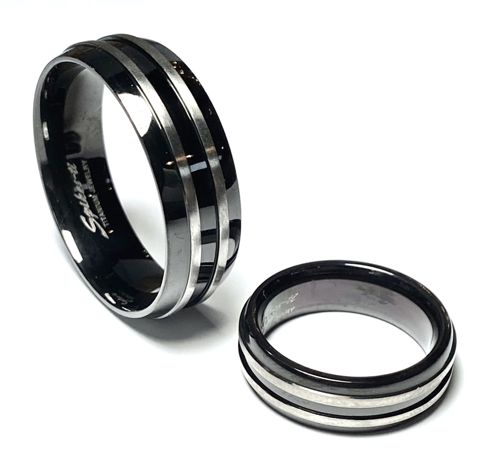 Solid Titanium Ring Black w/Double Stripe Size 5,6,7,8,9,10,11,12,13,14 (FL14)