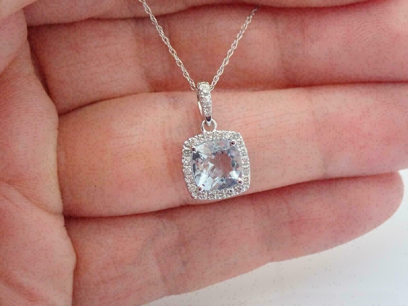 2Ct Cushion Cut Simulated Aquamarine Halo Pendant Necklace 14K White Gold Plated