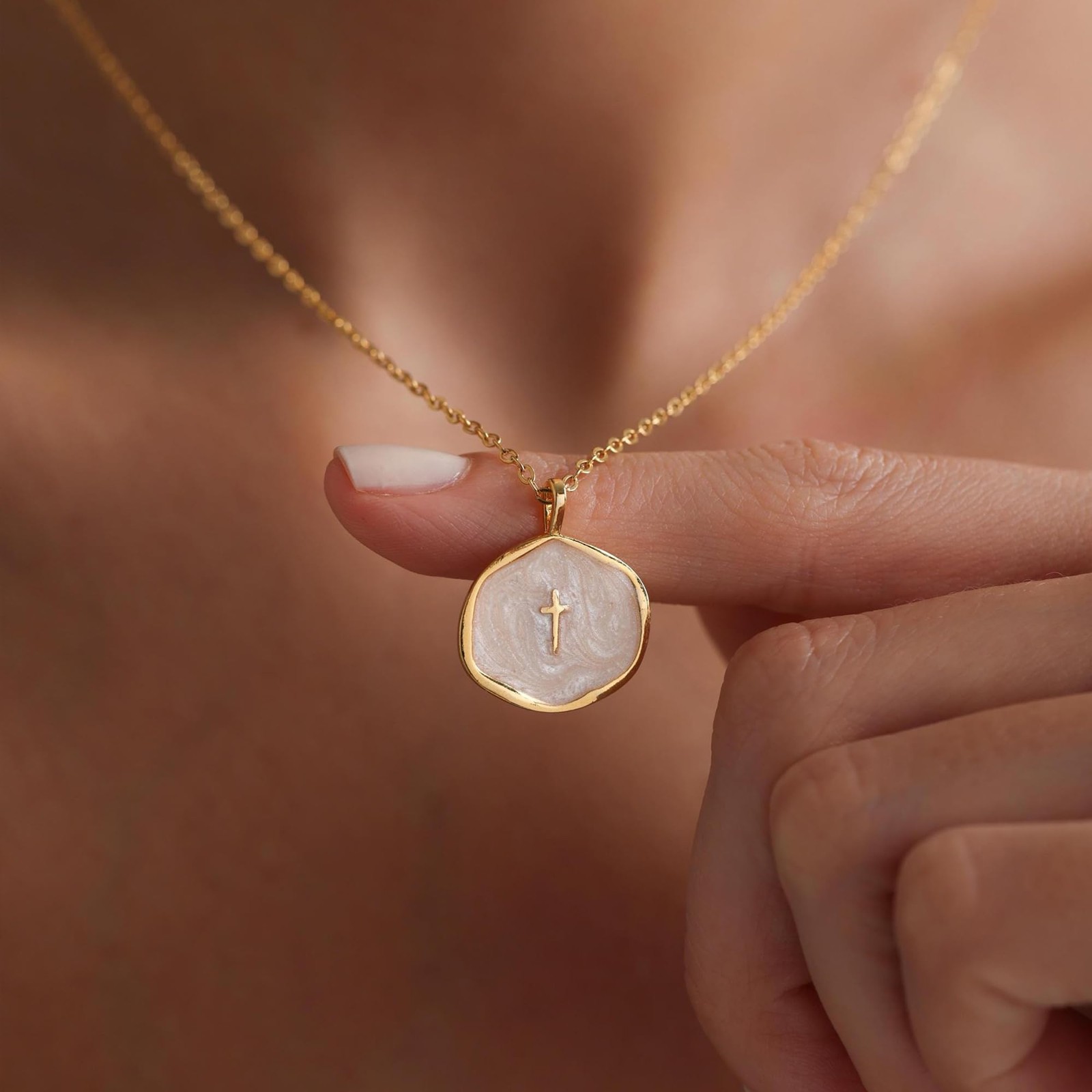 Tewiky Cross Necklace for Women-Dainty 17 inches (with extension), Gold