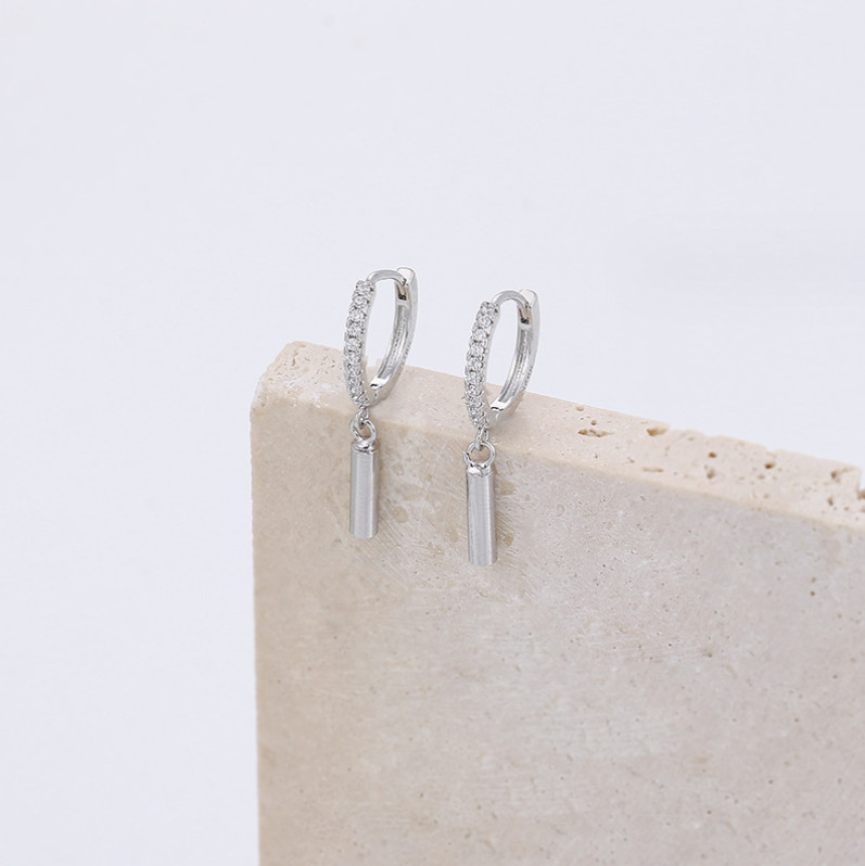 925 Sterling Silver Dangle Column Bar Round CZ Huggie Small Hoop Earrings PE3