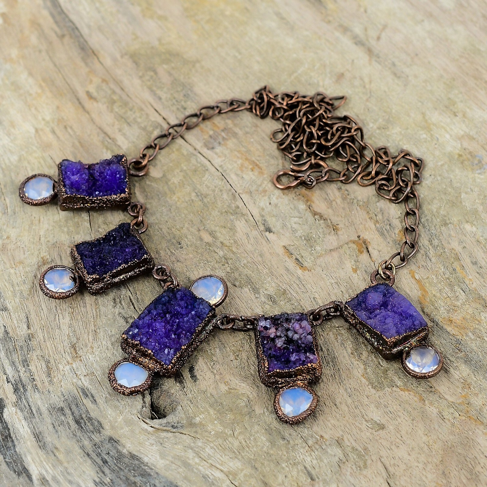 Purple Druzy Copper Friend Gift Electroformed Chain Adjustable Necklace 18.0″