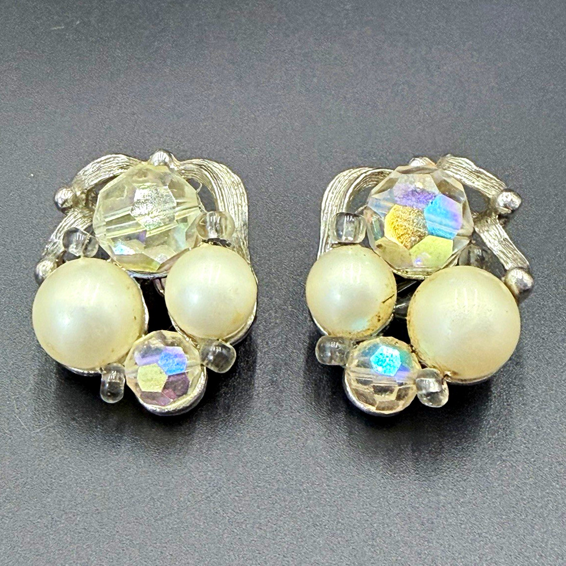 Signed Judy Lee Silver Tone Clip-On Cluster Earrings Faux Pearl Rhinestones