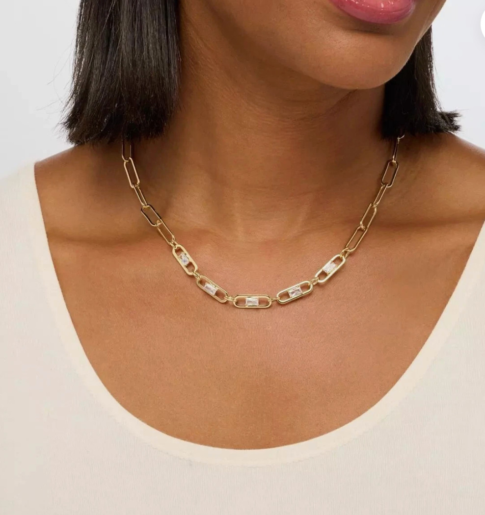 HSN Colleen Lopez CZ Gold Plated Brass Paper Clip Necklace NWOT