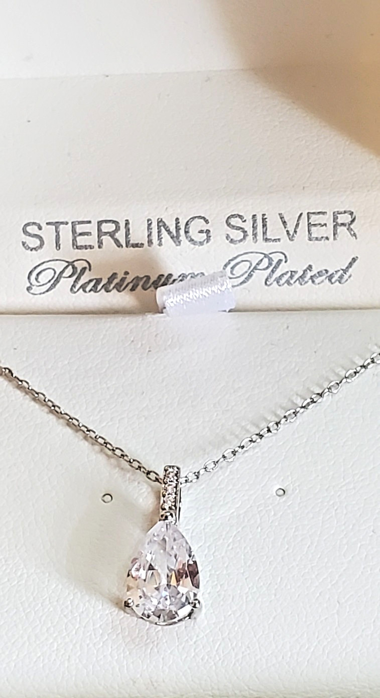 Crislu Sterling Silver Platinum Plated Necklace Cubic Zirconia Teardrop 19 Inch