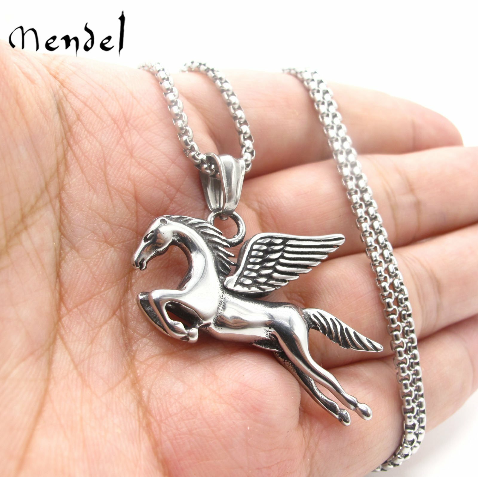 MENDEL Mens Unisex Flying Horse Pegasus Pendant Necklace Amulet Stainless Steel