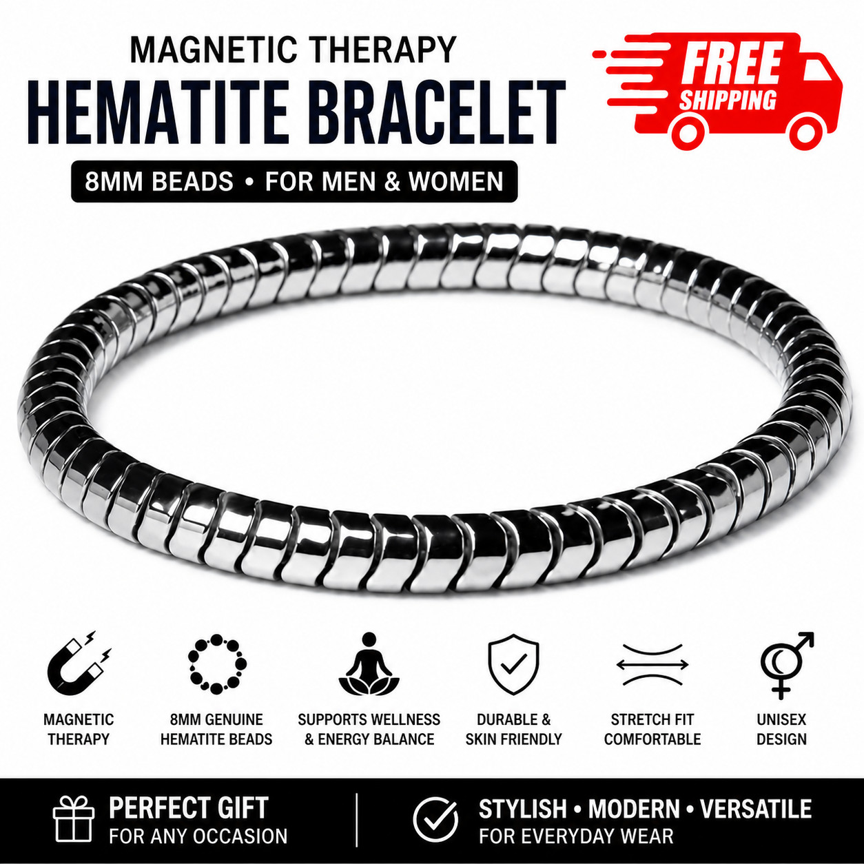 2 PACK Magnetic Therapy Hematite Bracelet 8mm Beads for Men and Women