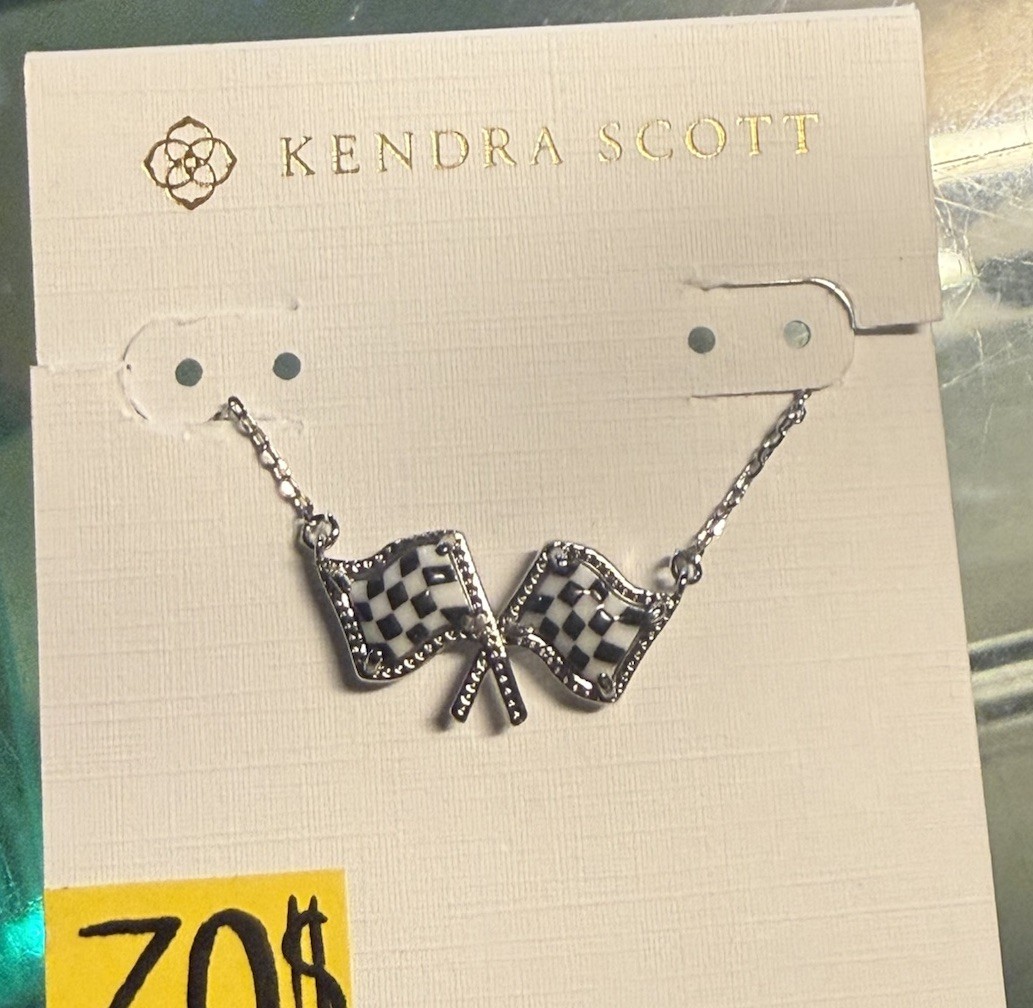 Kendra Scott Silver Tone Bow Pendant Necklace Checkered Flag Enamel Cable Chain