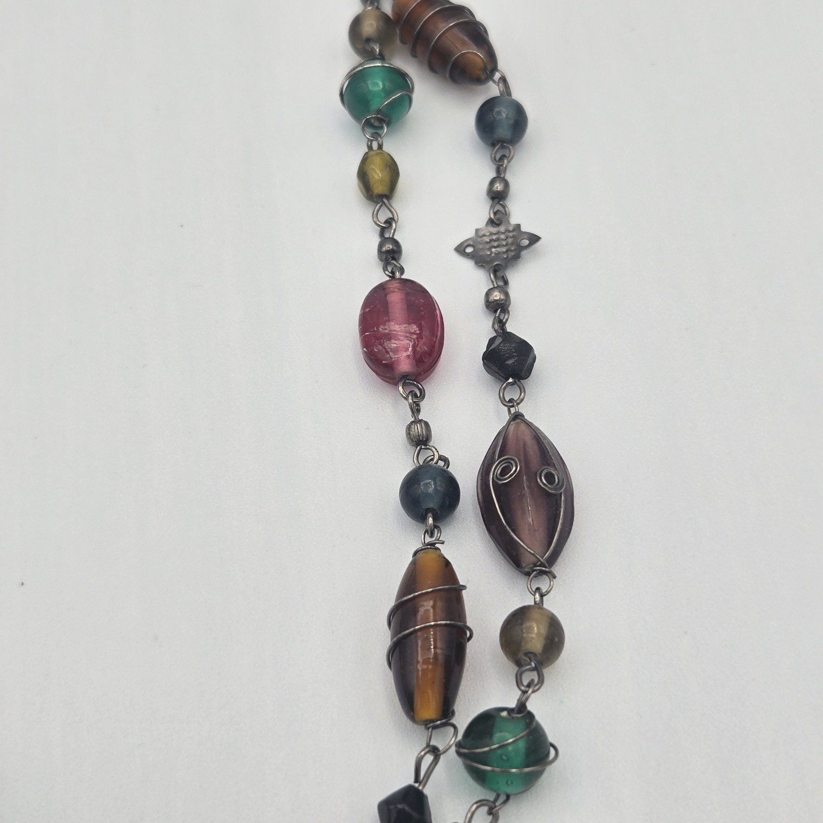 Boho Multicolor Beaded Necklace Long Wire Wrapped Glass Bead Statement Jewelry