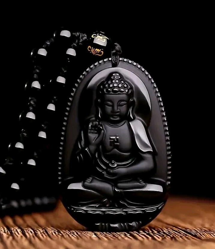 Collar Con Talismán Buda Amuleto De La Suerte Protección Hecho De Obsidiana