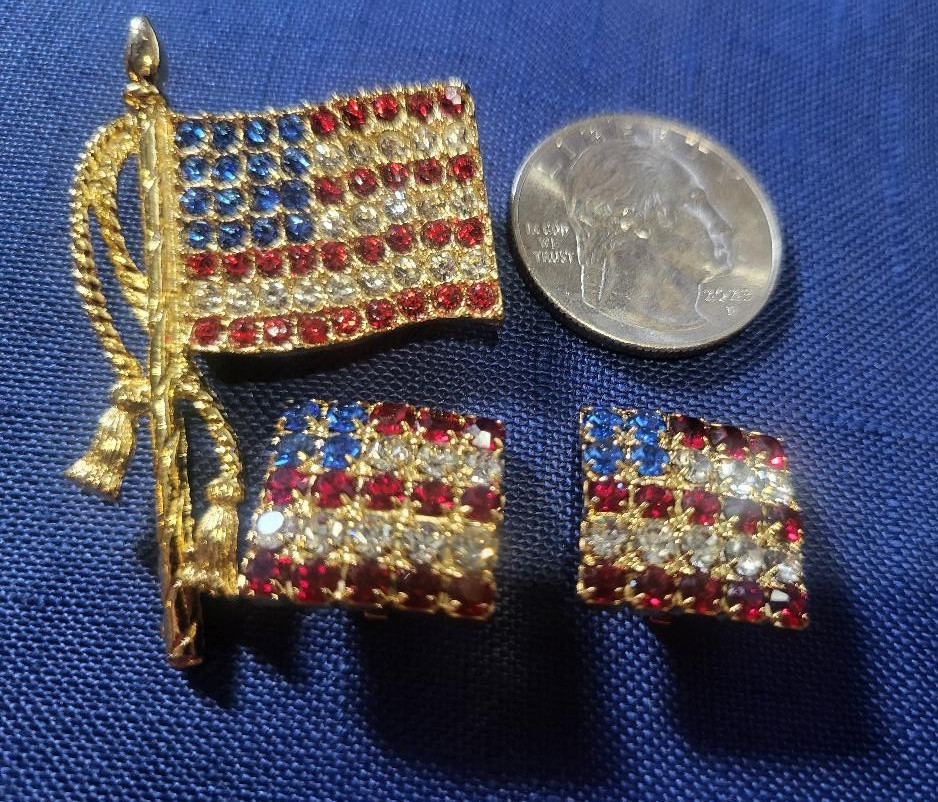 Contemporary American Flag Clip On Earrings & Matching Brooch