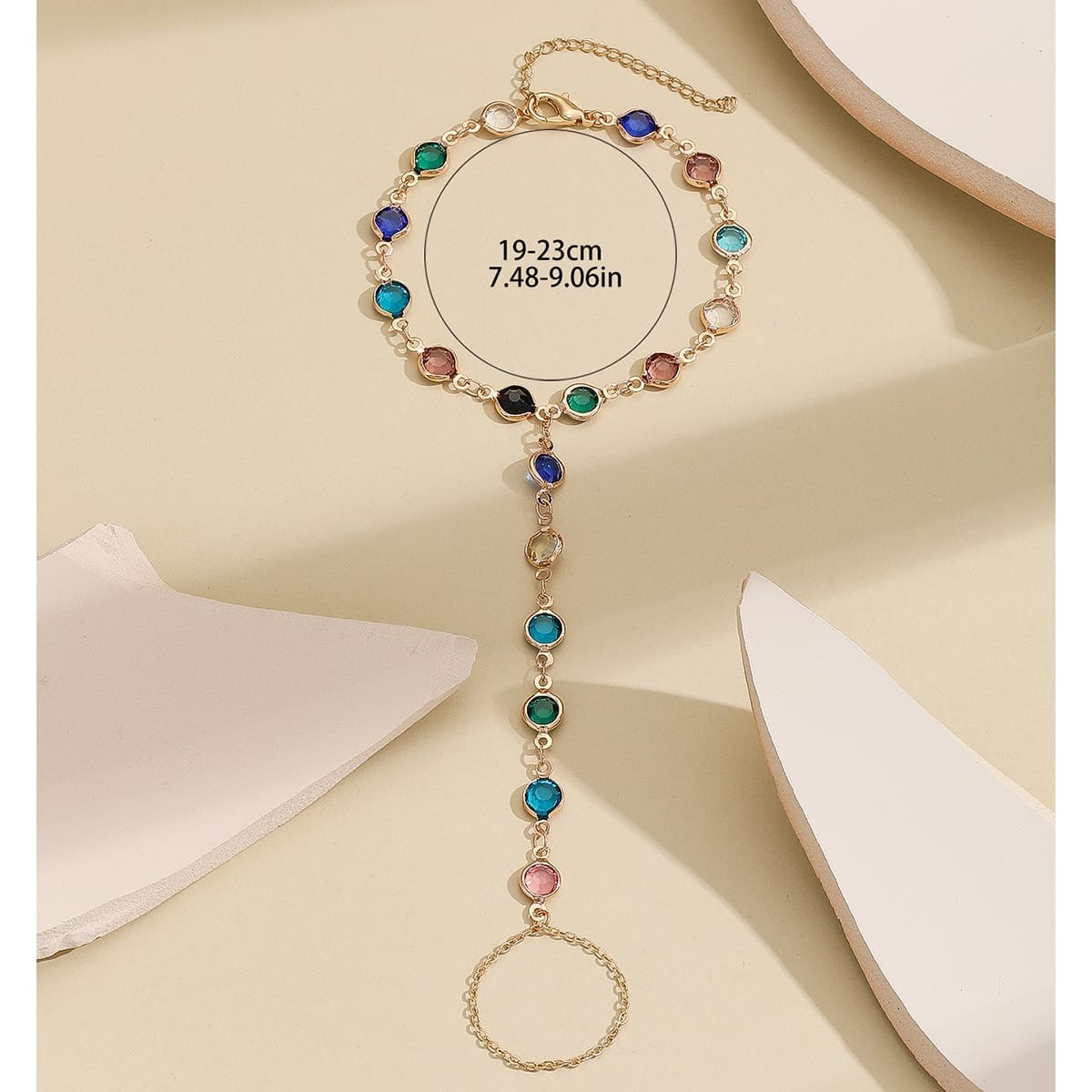 Boho Hand Chain Bracelet Ring Gold Tone Multicolor Accent Wrist Finger Jewelry