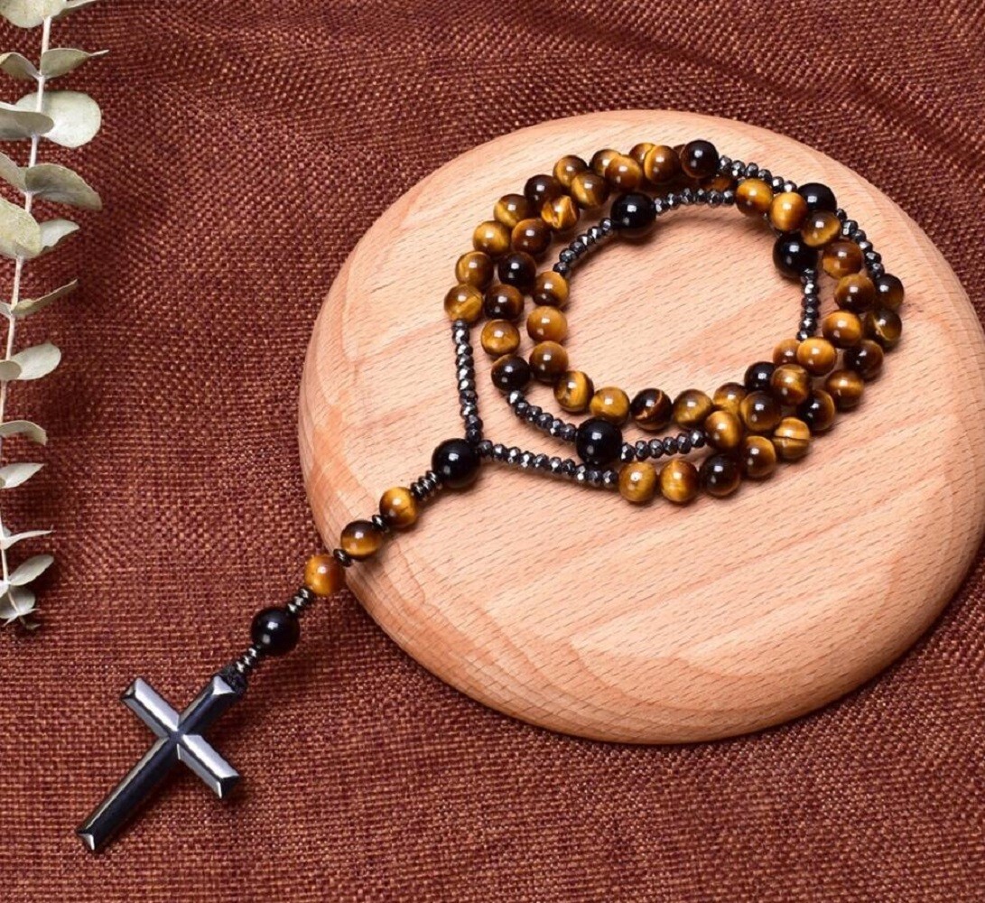 Natural Obsidian Tiger’s Eye Necklace Hematite Stone Stainless Steel Cross