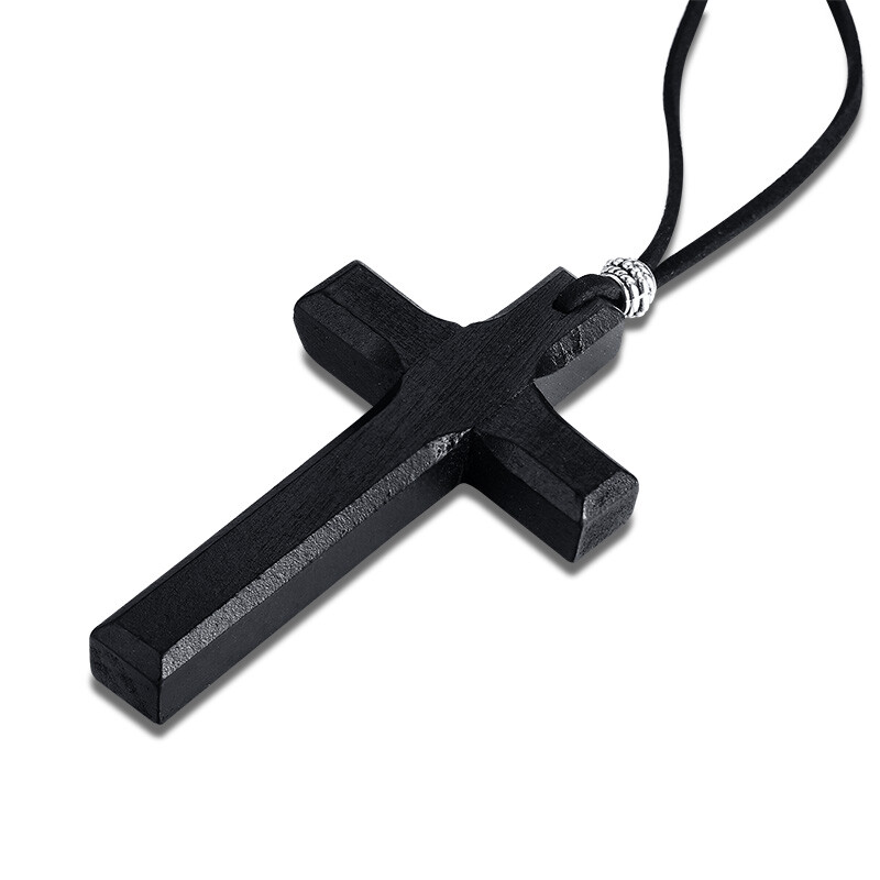 Retro Wood Cross Crucifix Leather Cord Pendant Men Women Necklace Sweather Chain