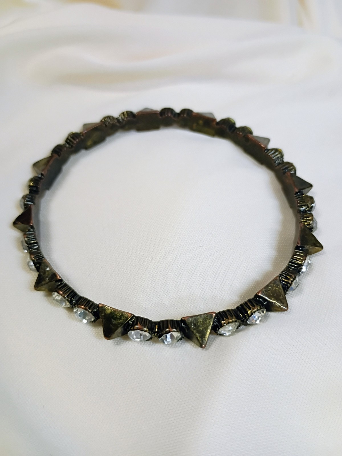 Bronze Tone Metal Bangle Bracelet Clear Round Crystal Rhinestone No Clasp