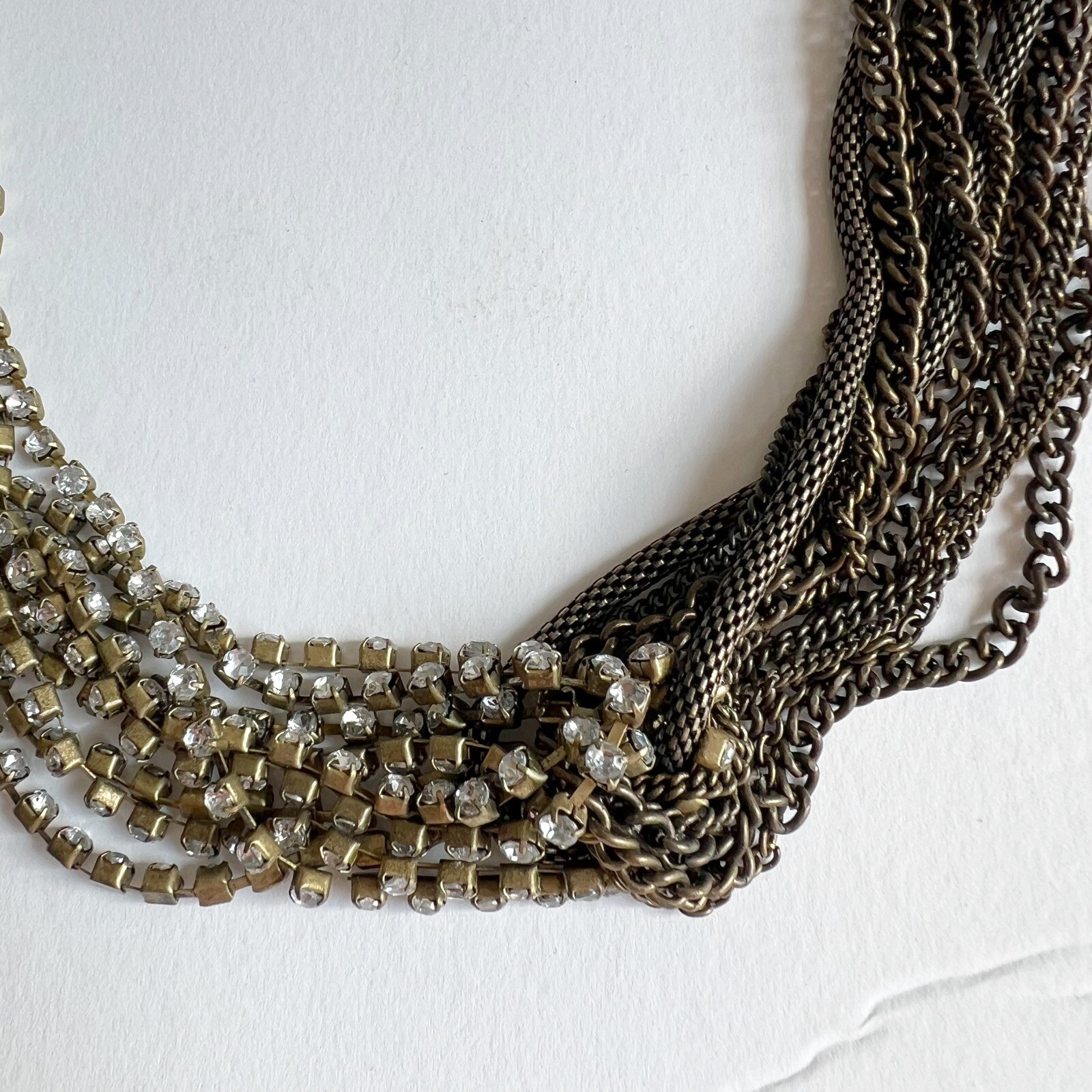 Multi layer chain rhinestone statement necklace brass gold