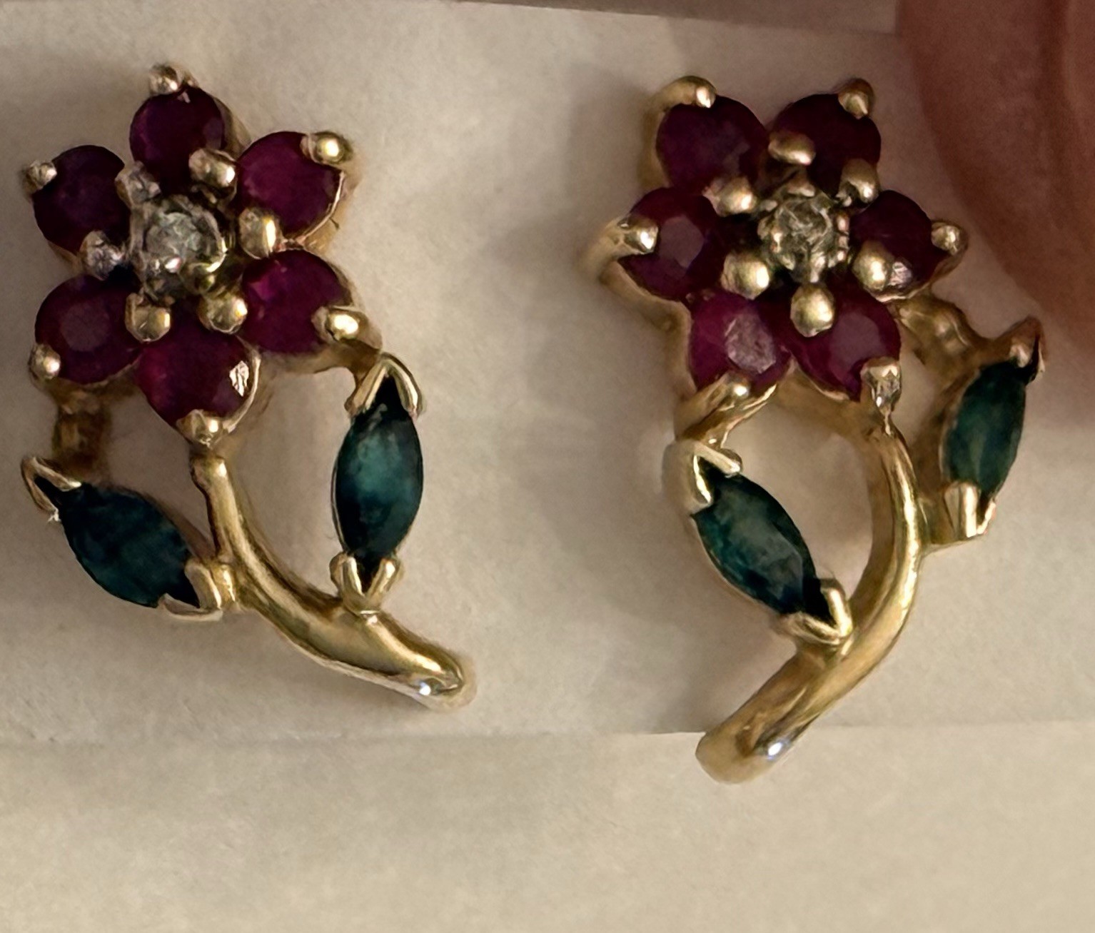 14k Gold Floral Stud Earrings, Emeralds , Rubies, Diamonds.