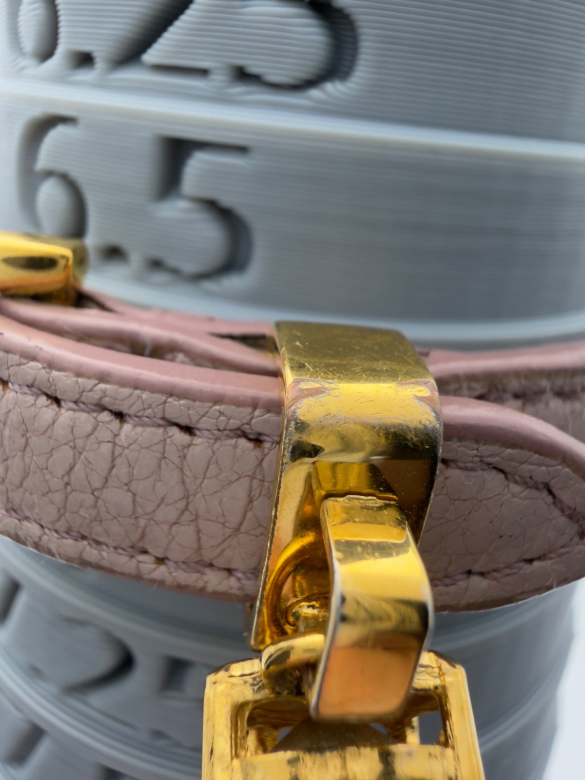 Authentic Miu Miu Pink Beige Leather Bracelet Crystal Charm Gold Tone Hardware